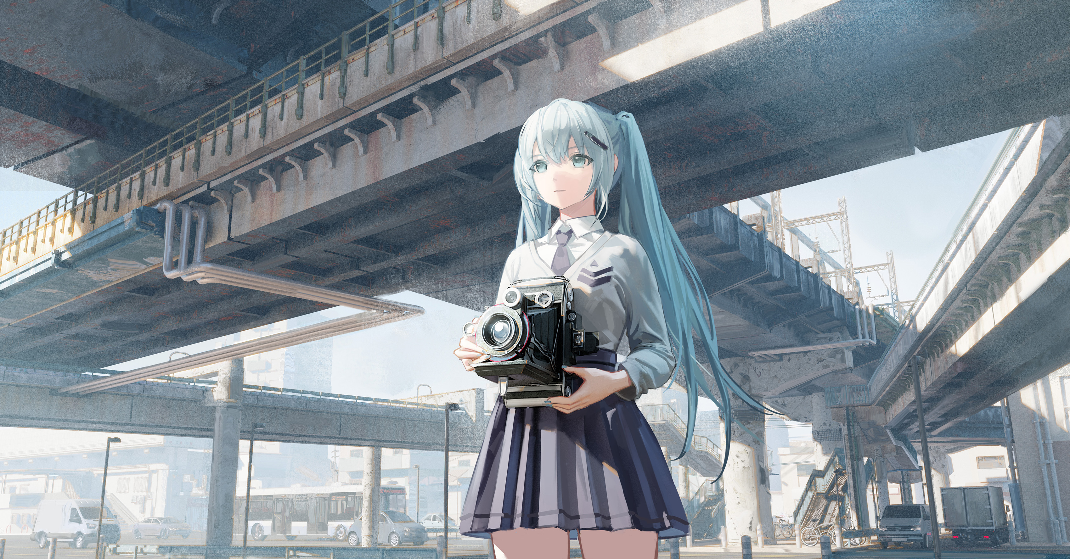Hatsune Miku Camera Traffic Bridges Anime Girls Vocaloid Blue Hair Blue Eyes Twintails 3400x1777