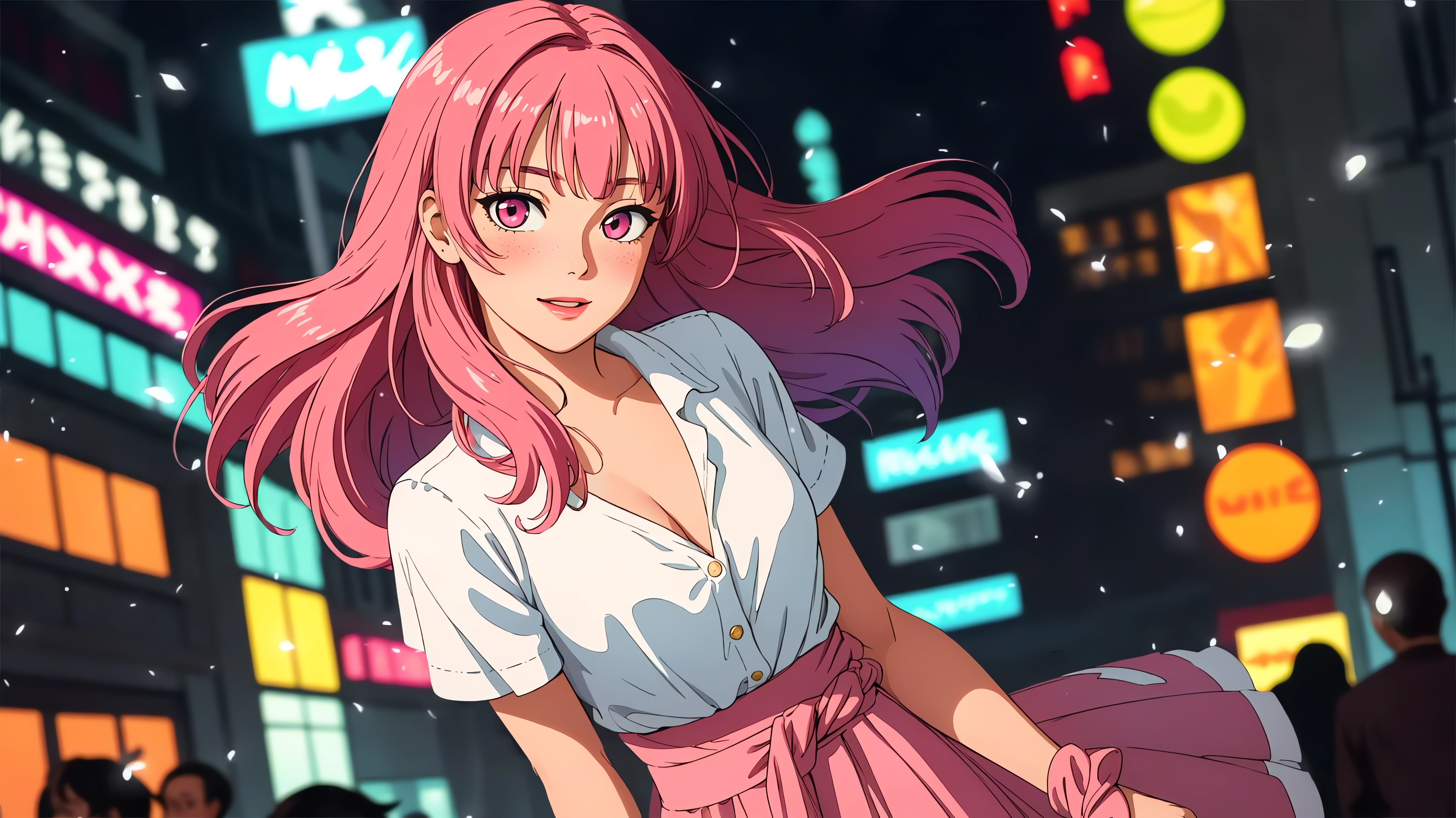 Artwork City Lights Digital Art Anime Girls Pink Hair Pink Eyes Blushing Smiling Looking At Viewer L 3840x2160