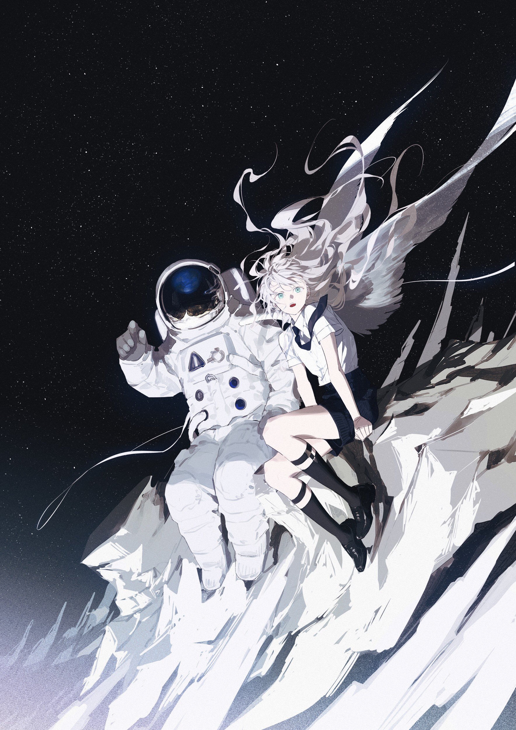 Anime Anime Girls Portrait Display Spacesuit Long Hair Space Stars Astronaut Finger Pointing Sitting 1768x2500