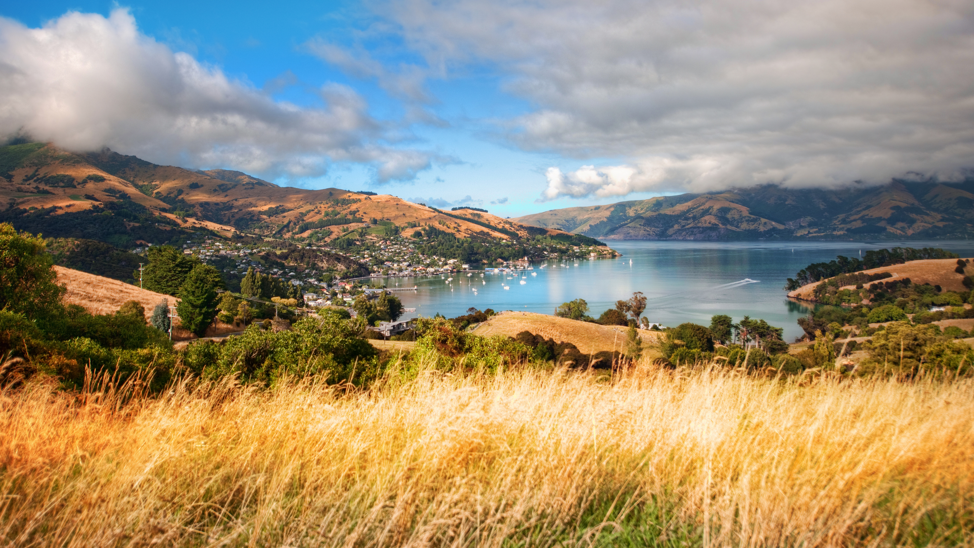 Trey Ratcliff Photography New Zealand Akaroa Landscape Nature Water Boat Mountains Hills House Trees 3840x2160