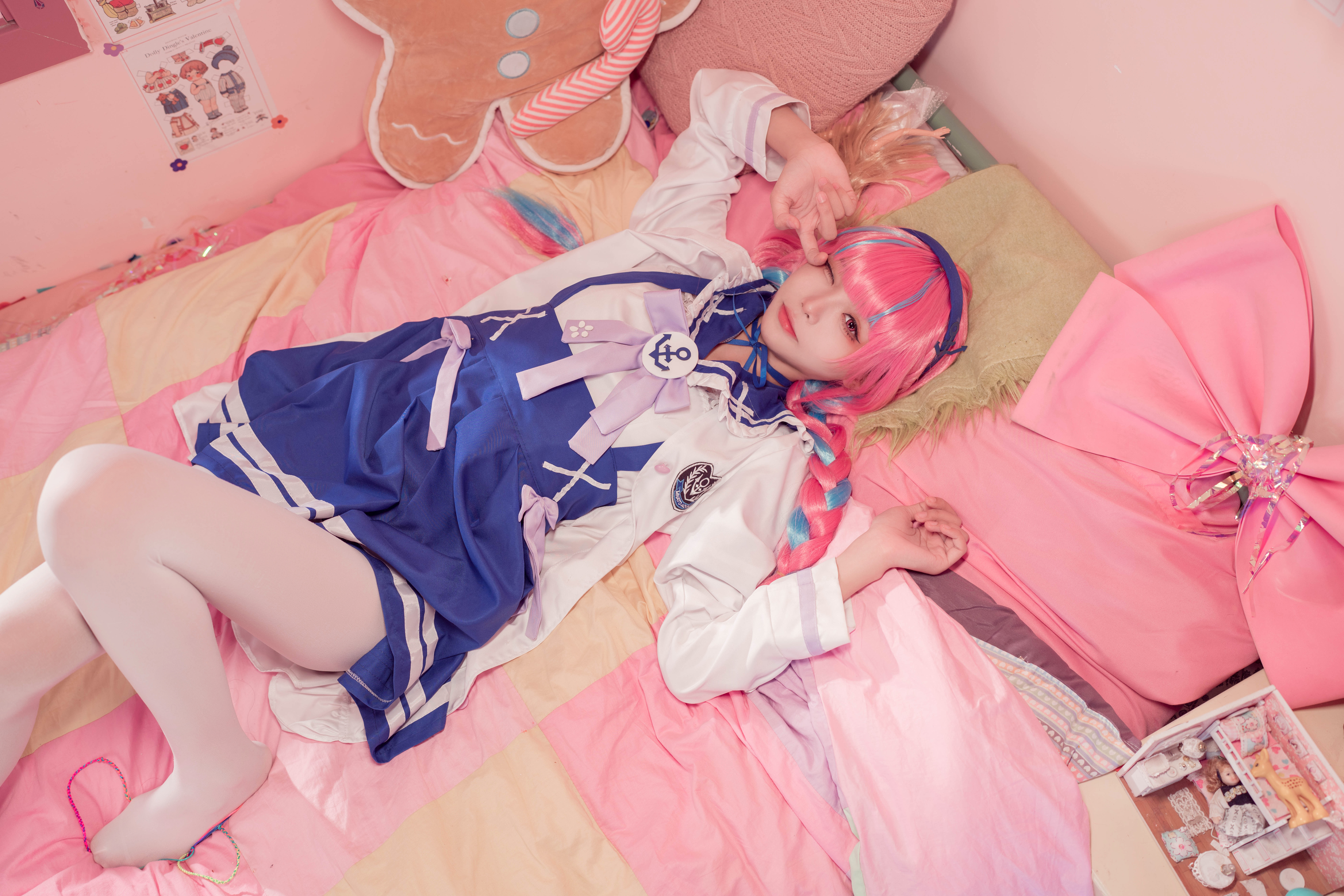 Minato Aqua Pink Hair Asian Cosplay Legs Maid Outfit Feet Lying On Back In Bed Indoors Looking At Vi 7952x5304