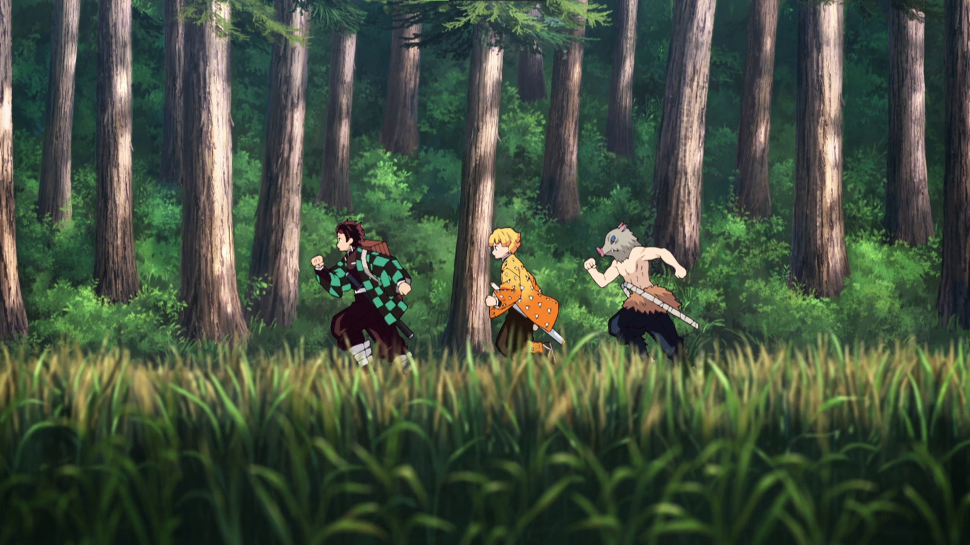 Kimetsu No Yaiba Kamado Tanjiro Inosuke Hashibira Zenitsu Agatsuma Running Sword Forest Trees Anime  1920x1079