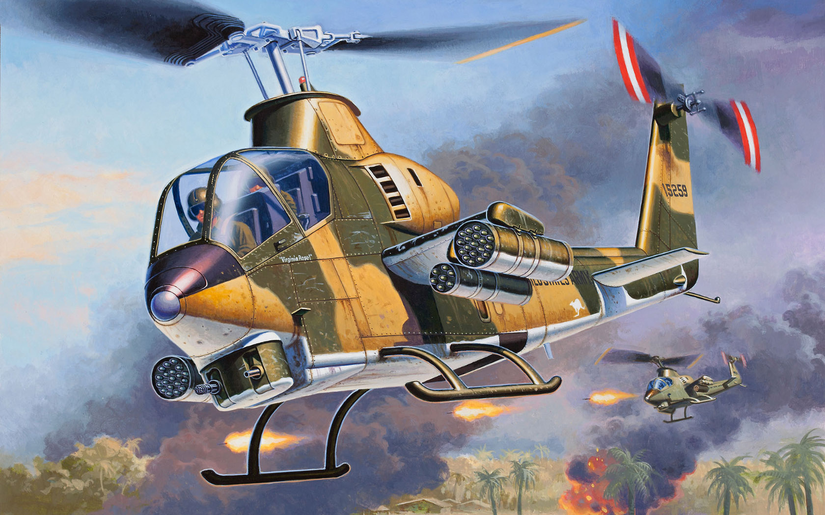 Aircraft Military Helicopters Flying Sky Clouds Artwork Military Vehicle Palm Trees 1680x1050