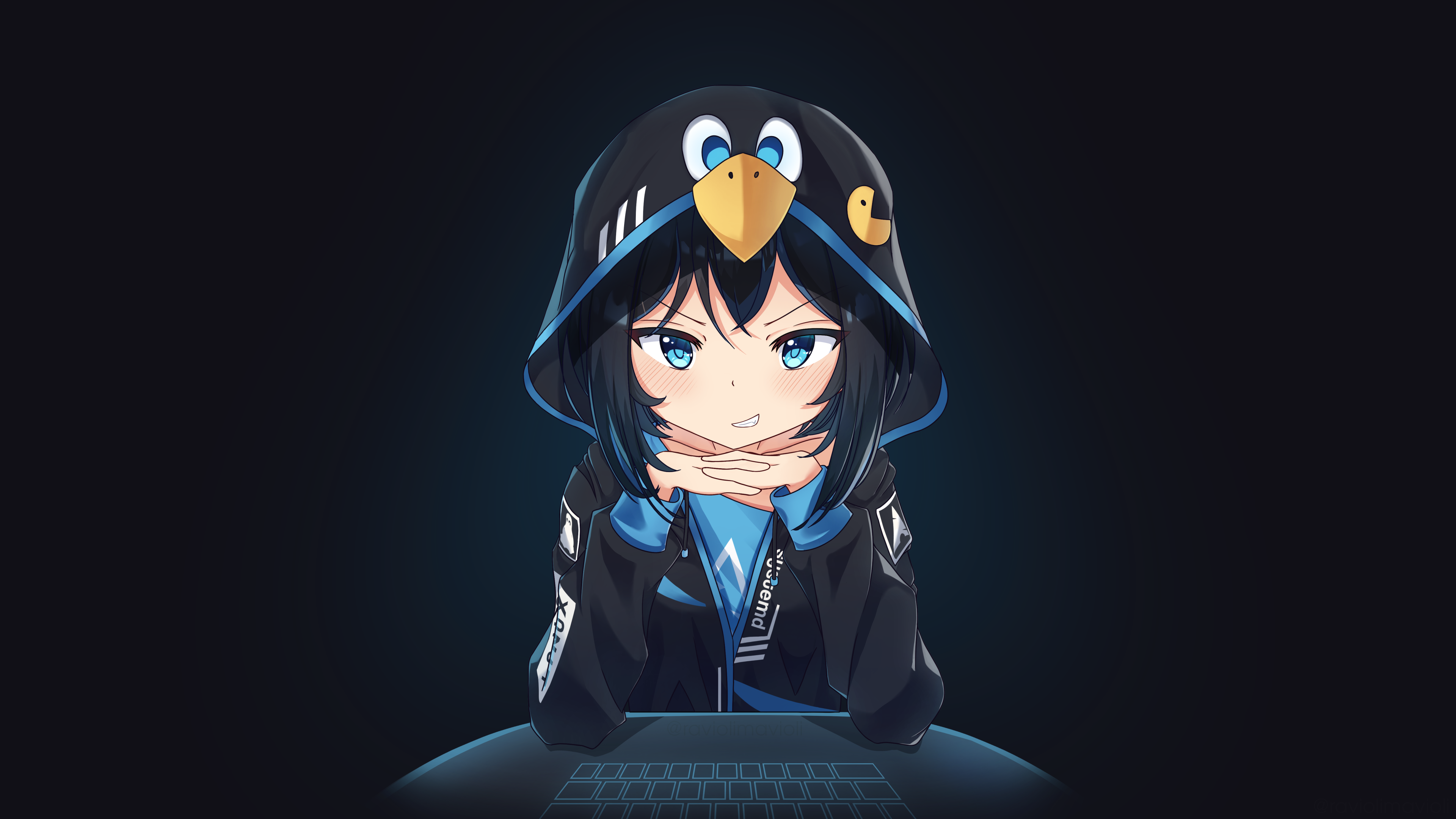 Arch Linux Linux Anime Girls Minimalism Simple Background Hoods Black Background Smiling Dark Blue H 3840x2160