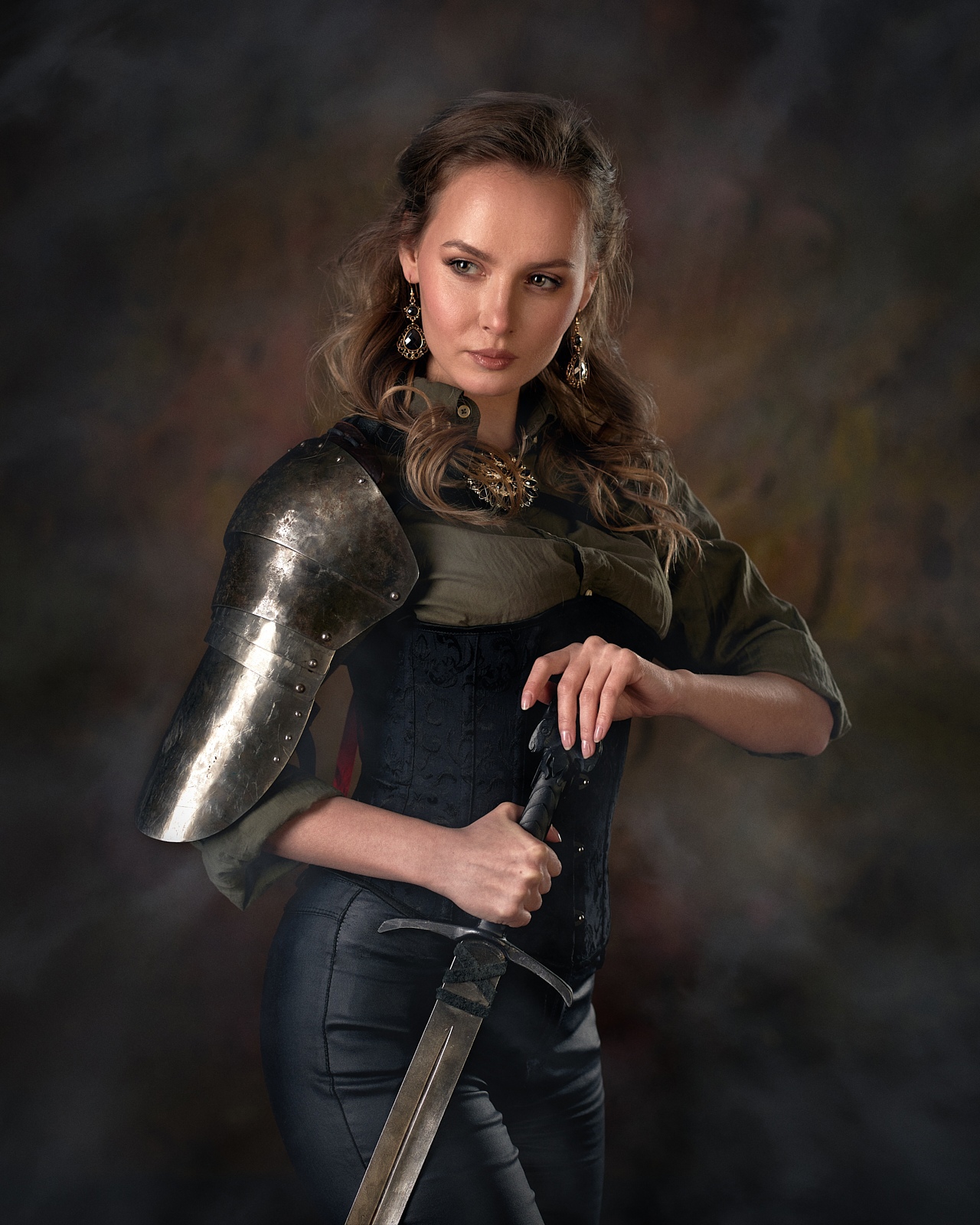 Max Pyzhik Women Brunette Armor Sword Simple Background Portrait Display 1280x1600