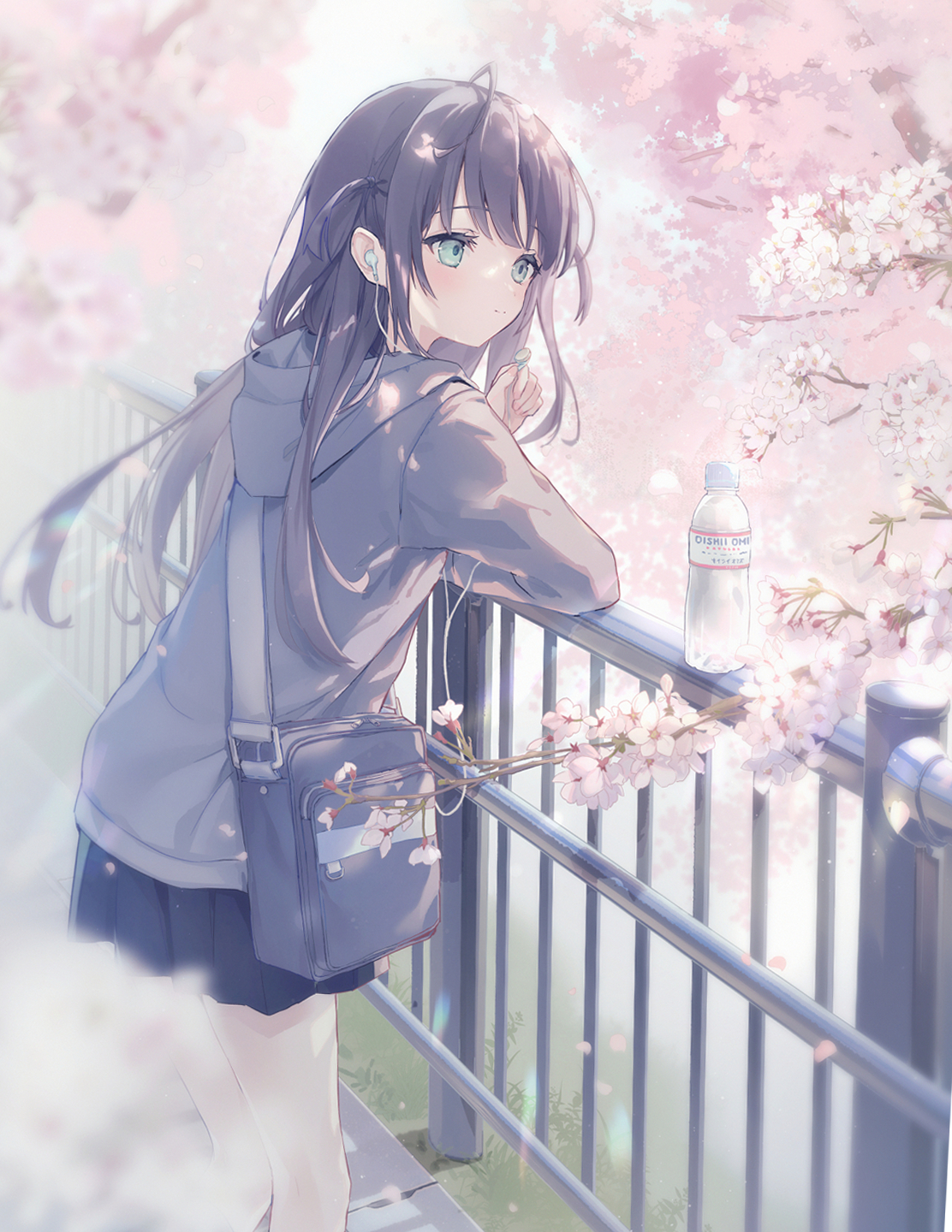 Pixiv Anime Anime Girls Portrait Display Bag Flowers Petals Water Bottle Standing Branch Earphones L 1112x1440