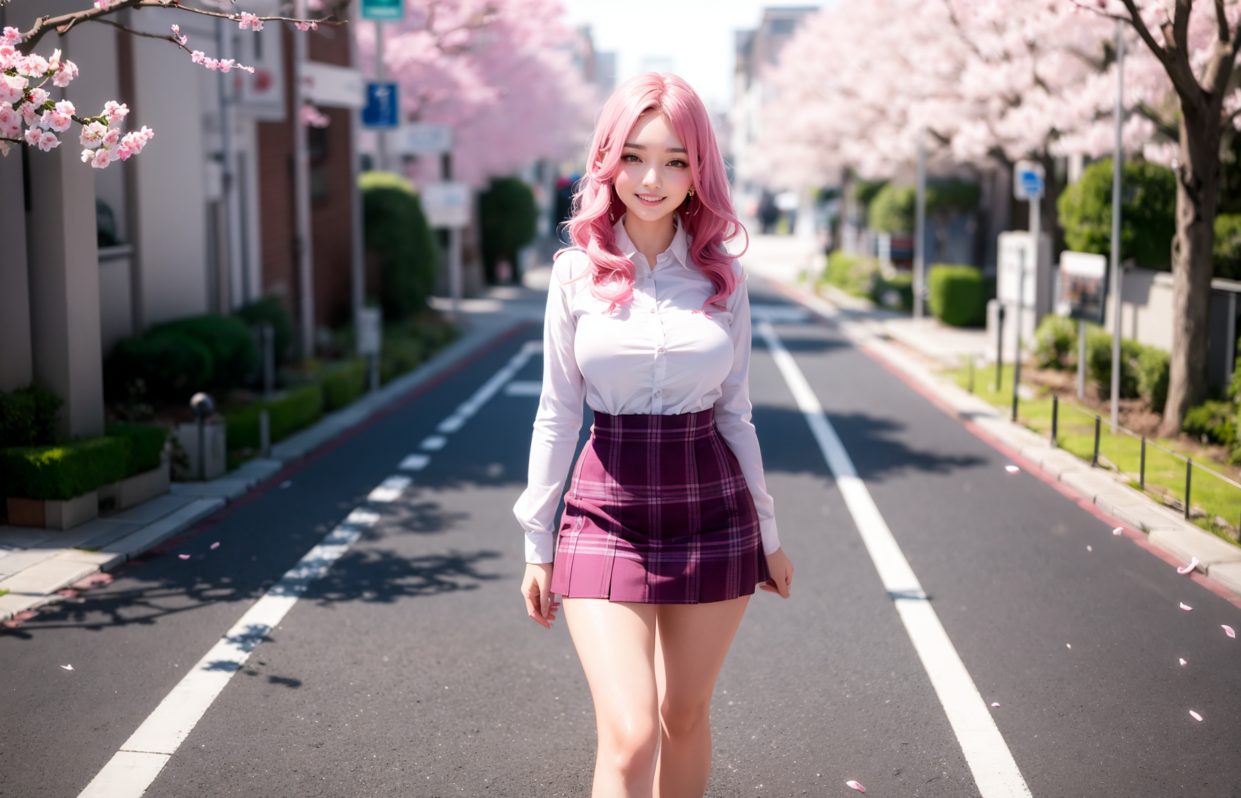 Ai Art Women Asian Smiling Skirt Flowers Petals Looking At Viewer Pink Hair Legs 1792x1152