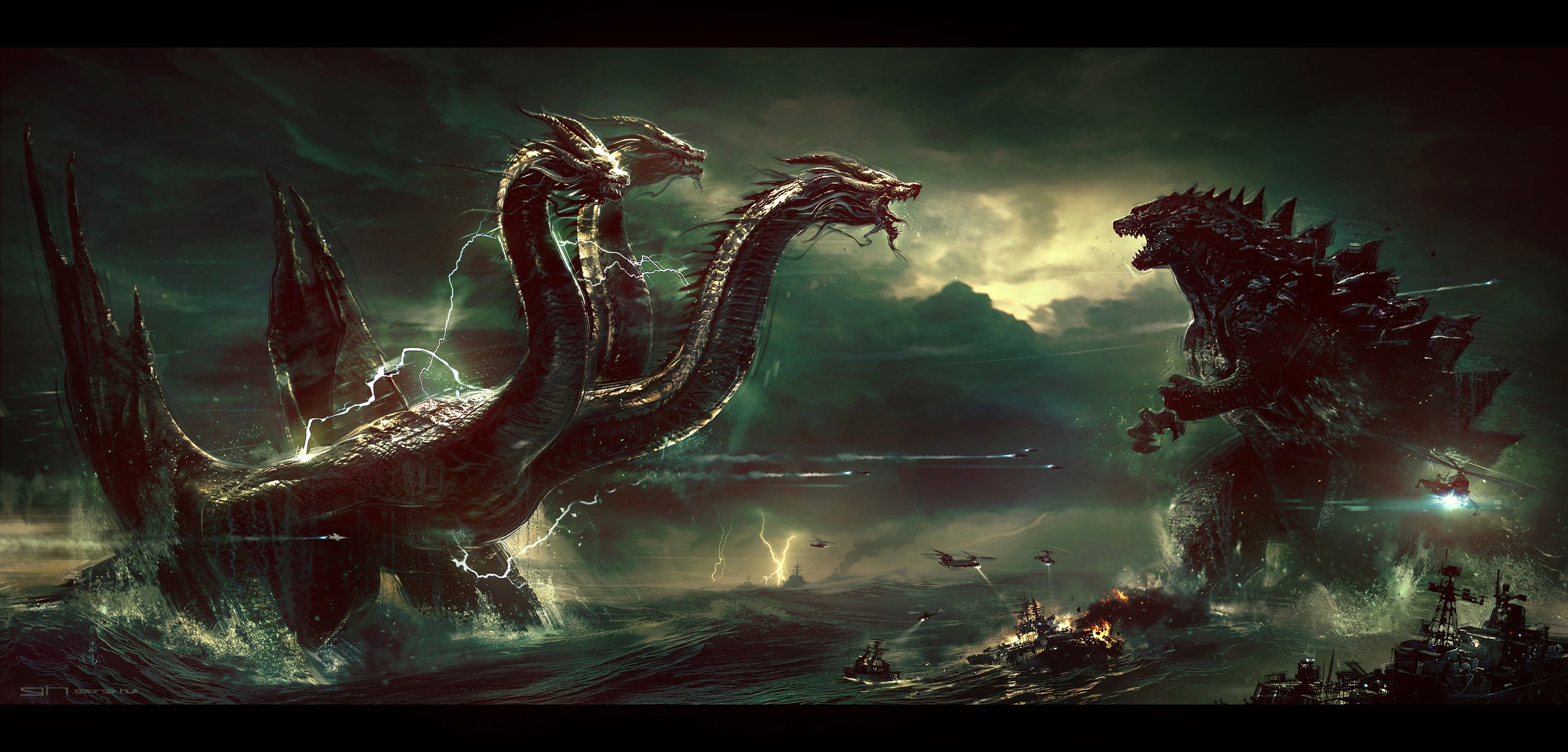 George Hull Science Fiction Godzilla Digital Art Ocean Battle Dragon Ship Battleship Fighting Sea Mo 2500x1199