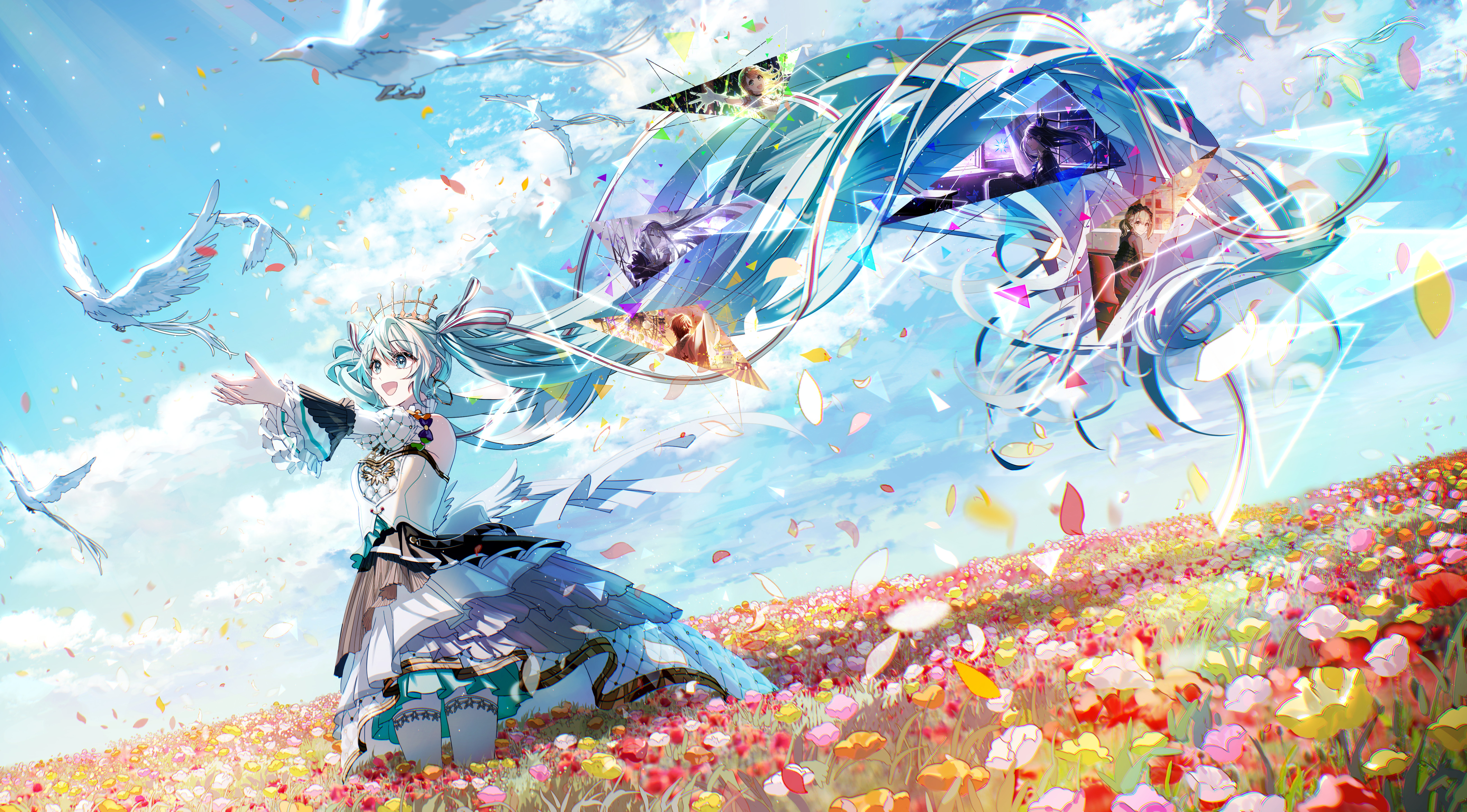 Anime Anime Girls Flowers Petals Field Vocaloid Hatsune Miku Birds Long Hair Sky Blue Hair Blue Eyes 5226x2894