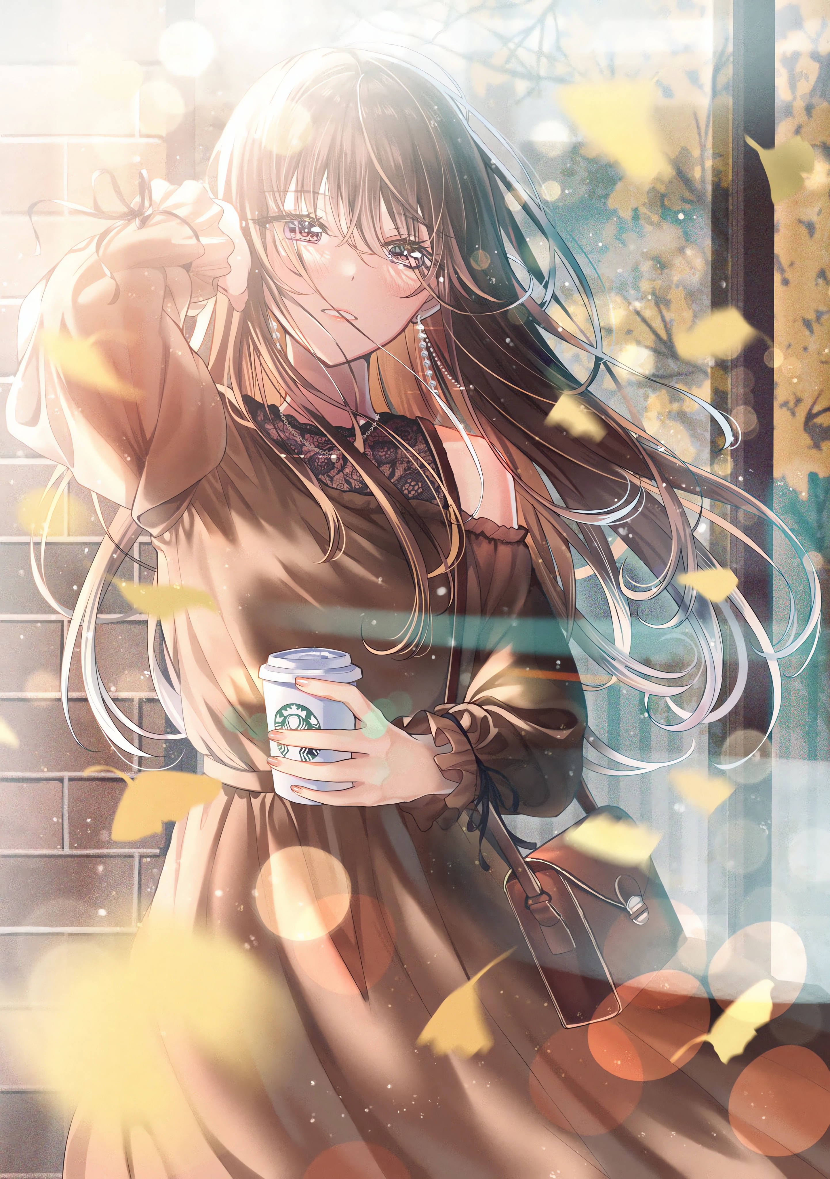 Anime Anime Girls Portrait Display Long Hair Starbucks Drink Purse Looking At Viewer Earring Sunligh 2884x4096