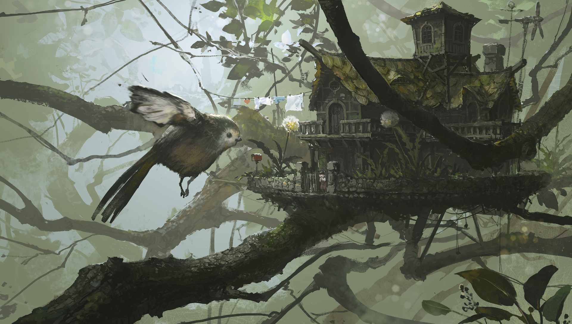 Su Jian Illustration Artwork Forest Tree House Fantasy Architecture Animals 1920x1088