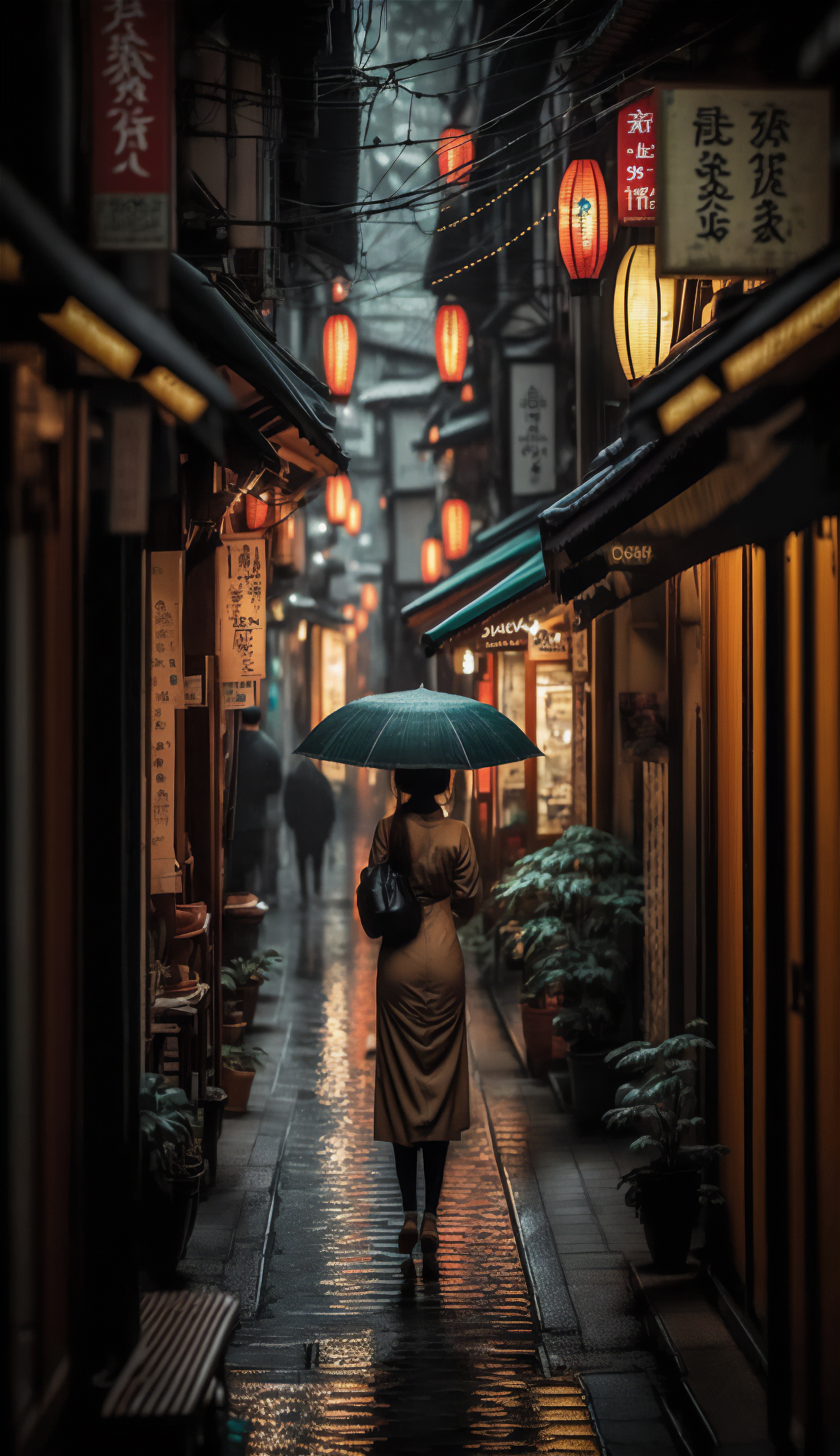 Ai Art Small Alley Tokyo Vertical Portrait Display Night Rain Umbrella Women Street Light 1920x3328