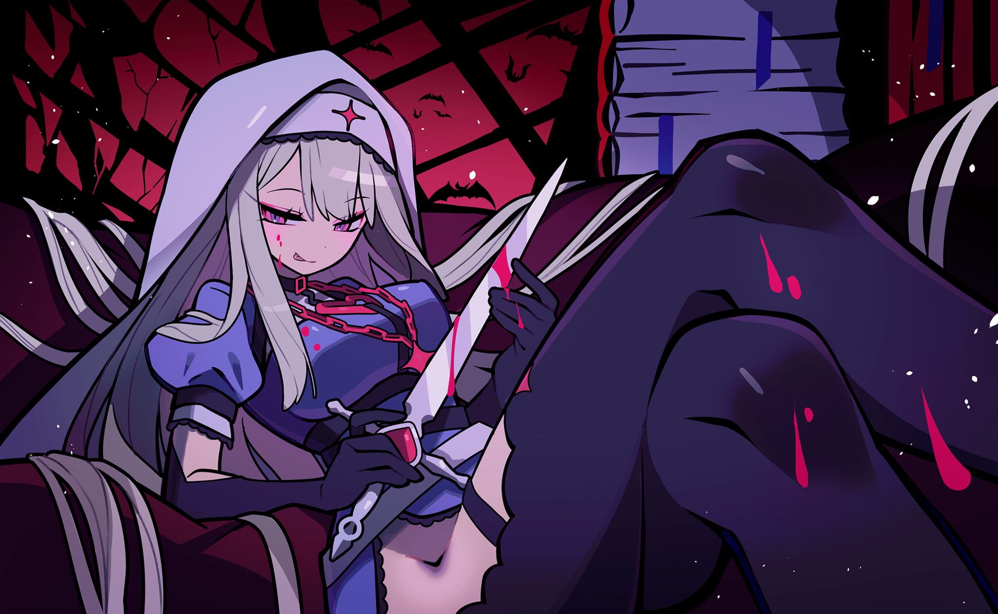 MuseDash Music Anime Girls Nuns Nun Outfit Weapon Long Hair Legs Crossed Tongue Out 2048x1260