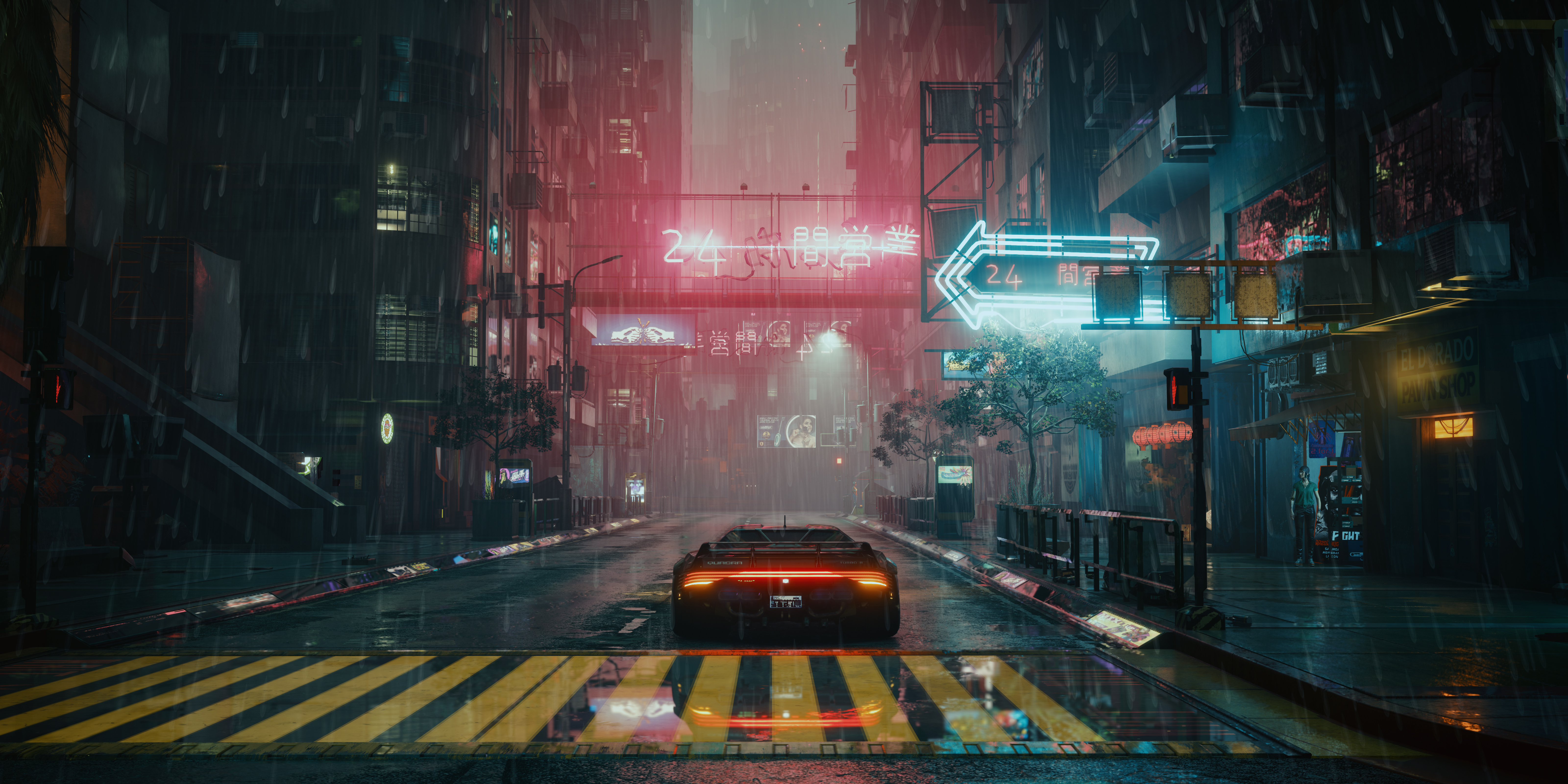 Car Neon Cyberpunk Rain Reflection Taillights Road Cyberpunk 2077 CD Projekt RED 6400x3200