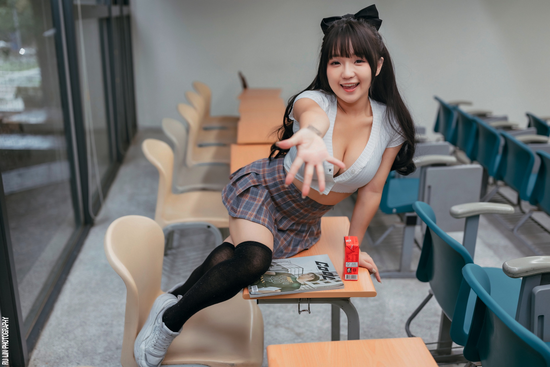 Asian Model Women Long Hair Dark Hair Brunette Schoolgirl Classroom Sneakers Plaid Skirt Unbuttoned  1920x1280