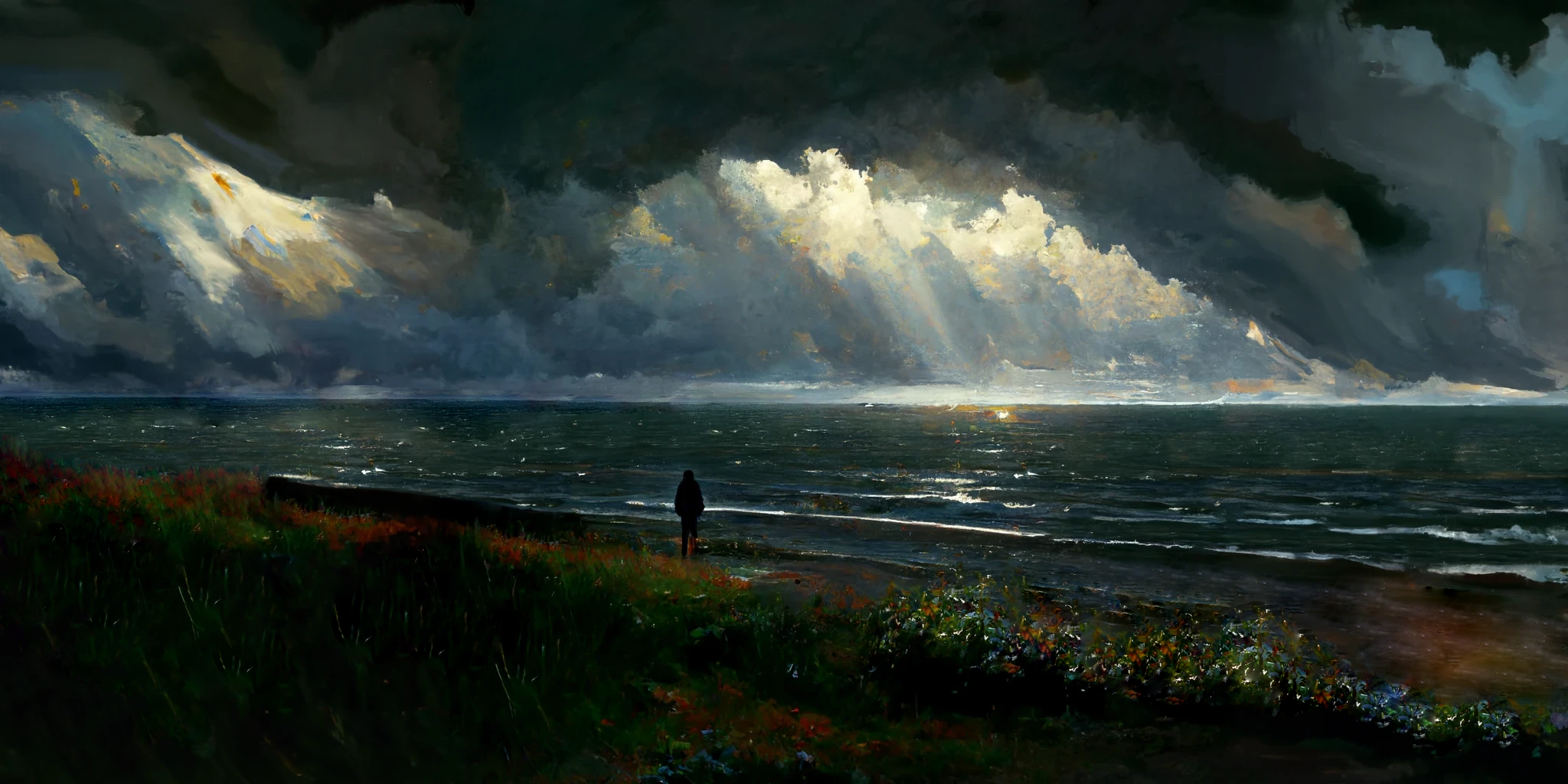 Painting Ocean View Horizon Oil Painting Loneliness Beach Looking Into The Distance Looking Away Mod 2048x1024