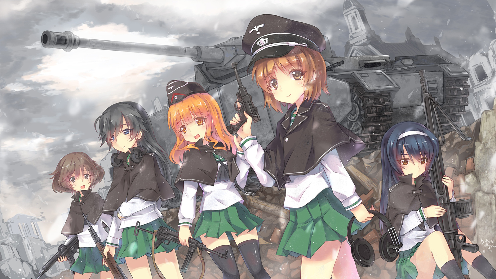 Girls Und Panzer Akiyama Yukari Hat Uniform Anime Girls Tank Clouds Gun Skirt Headphones 1600x900