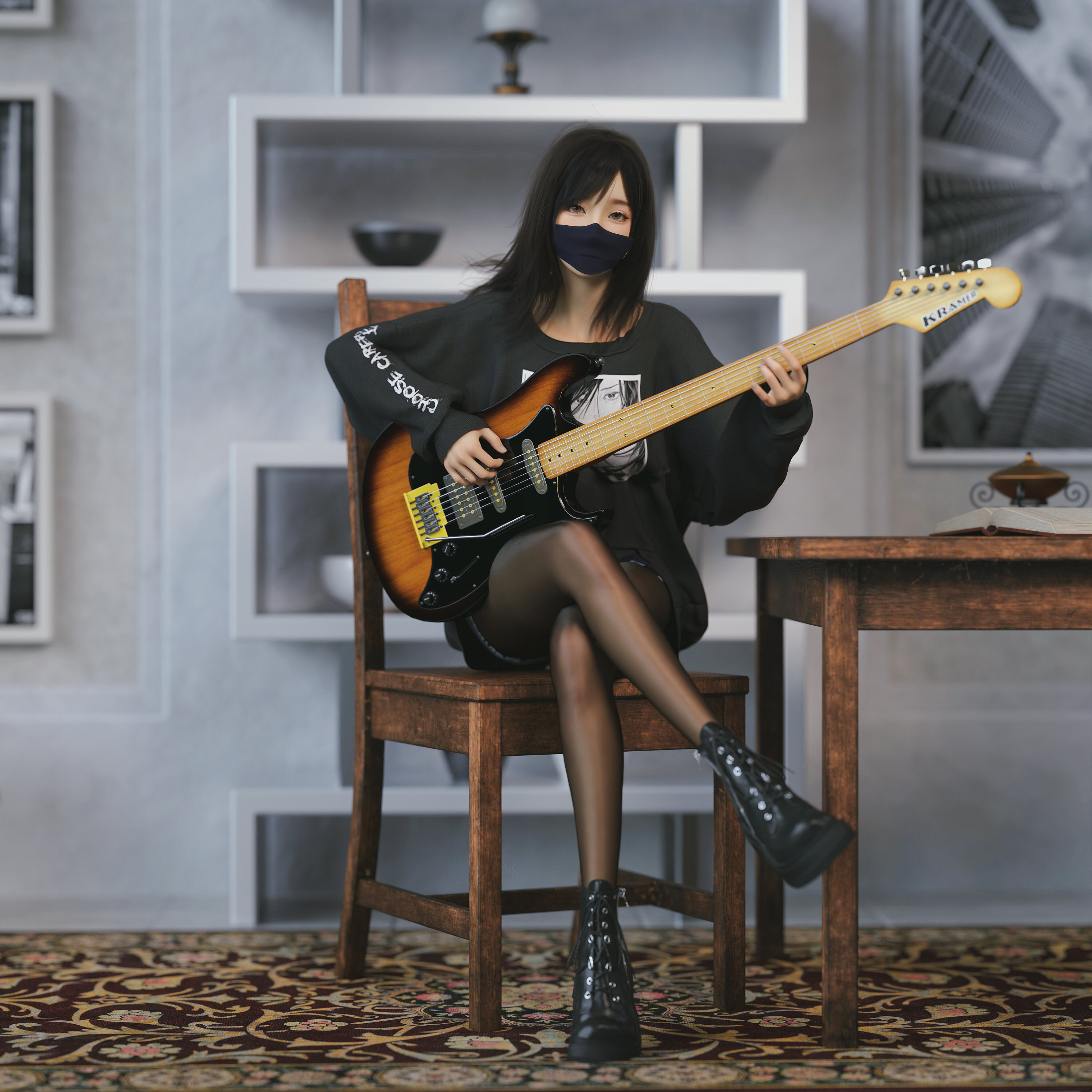 3D CG Fantasy Girl Guitar Musical Instrument Mask 3000x3000