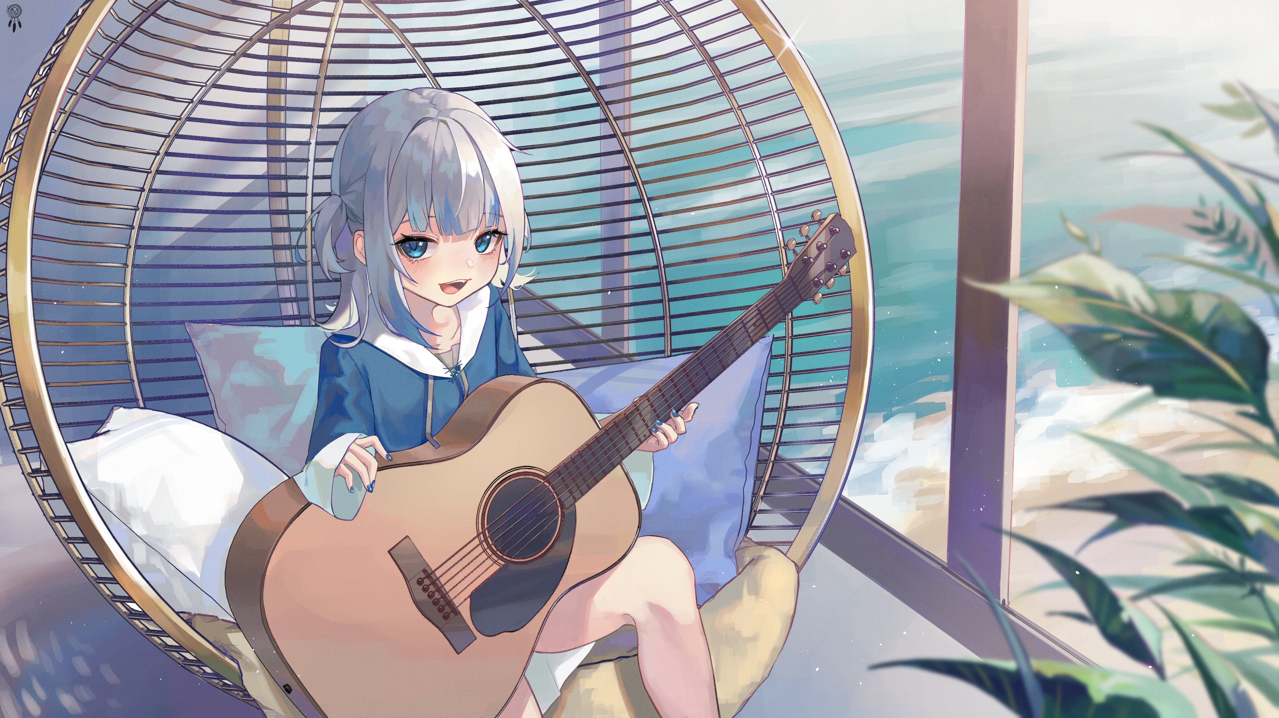 Anime Girls Virtual Youtuber Gawr Gura Guitar Musical Instrument Leaves Looking At Viewer Sitting Pi 4087x2296