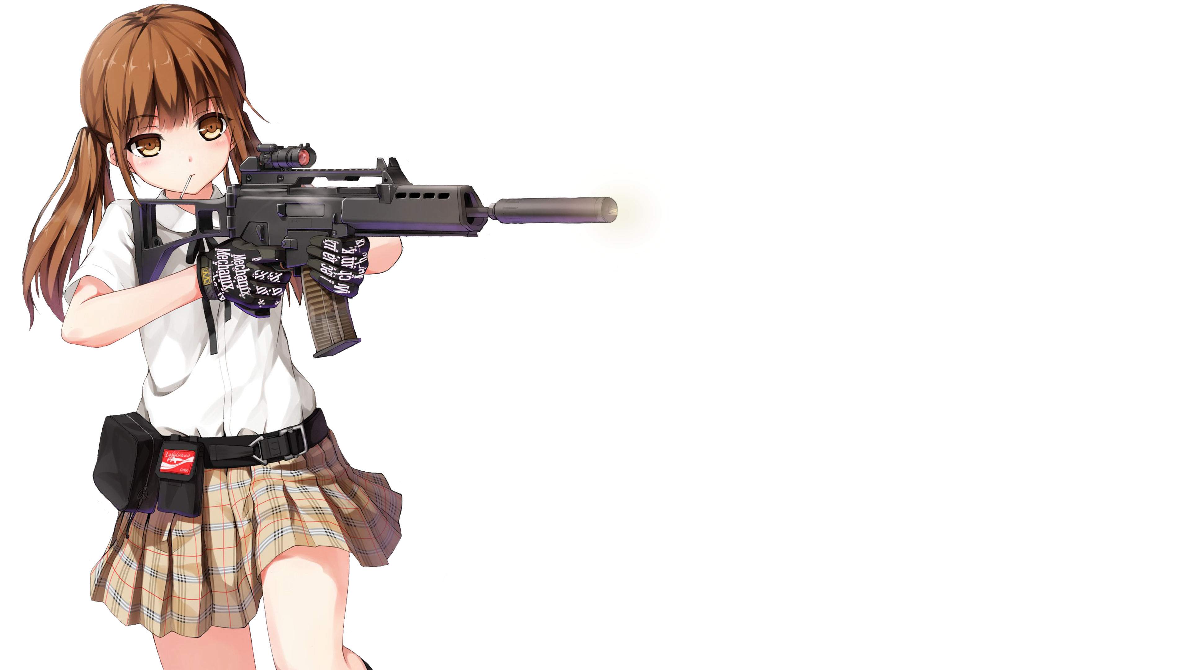 Weapon Silencer Skirt Gloves Anime Girls Anime Girls With Guns Brunette Belt White Background Minima 3840x2160