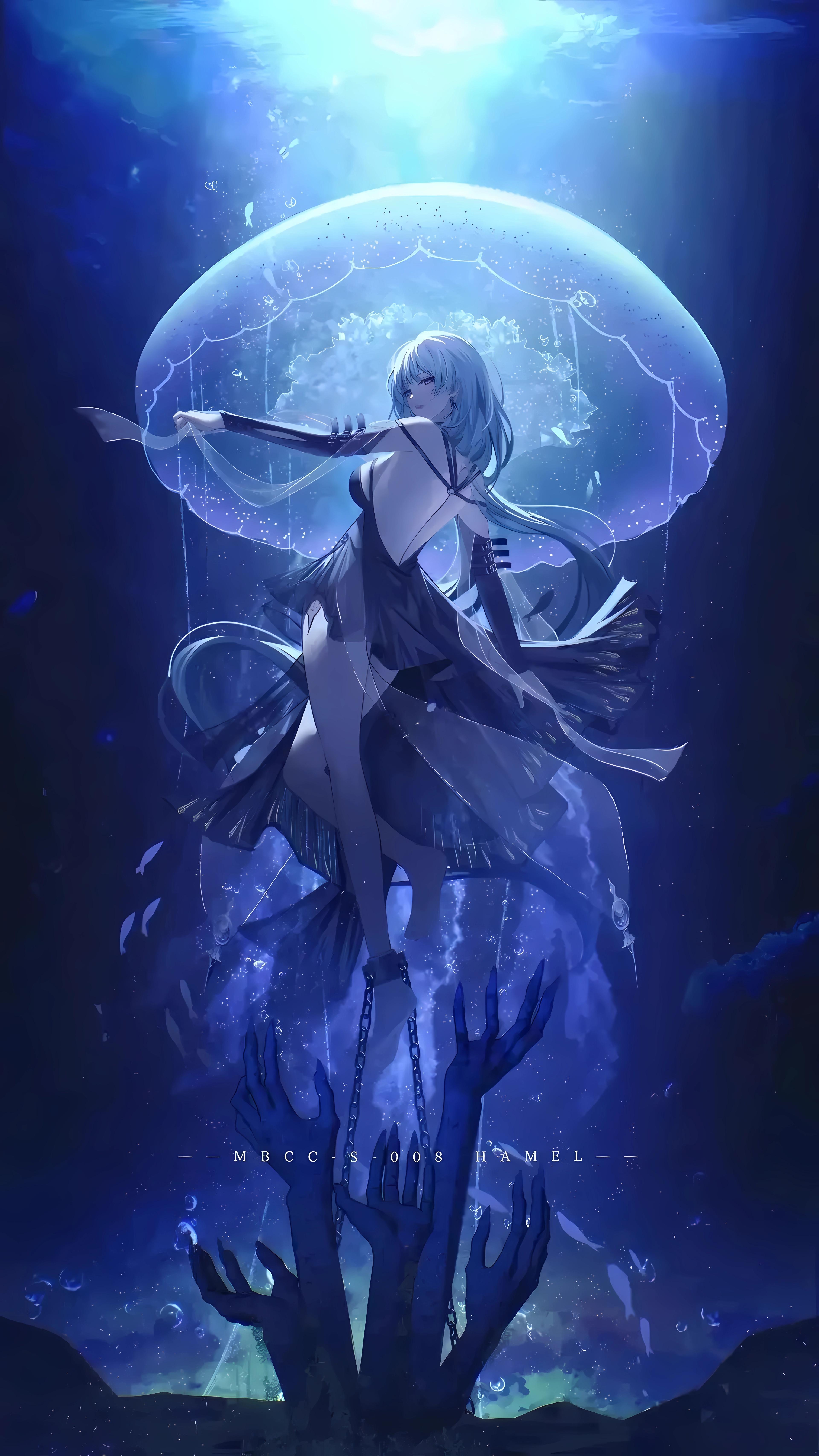 Anime Anime Girls Chains Hands Portrait Display Jellyfish Long Hair Dress Looking At Viewer Bubbles  3840x6828