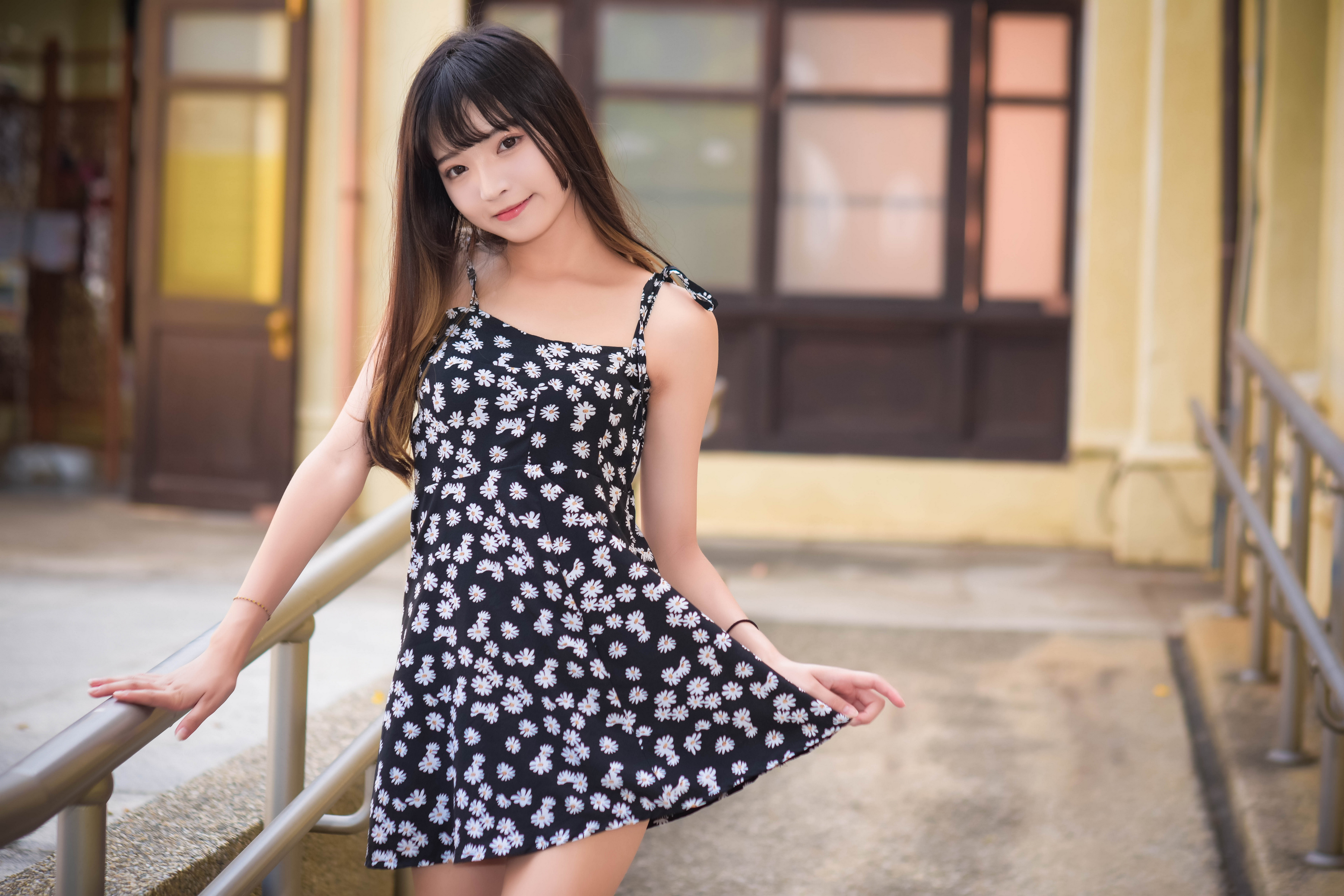 Asian Model Women Long Hair Dark Hair Flower Dress Iron Railing 3840x2563