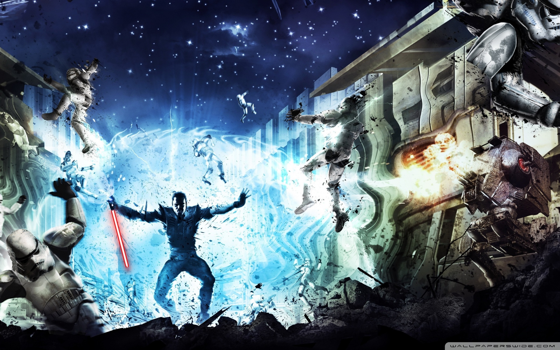 Star Wars Starkiller Lightsaber Blue Black Dark Stormtrooper Explosion Gun Fighting Battle Space AT  1920x1200