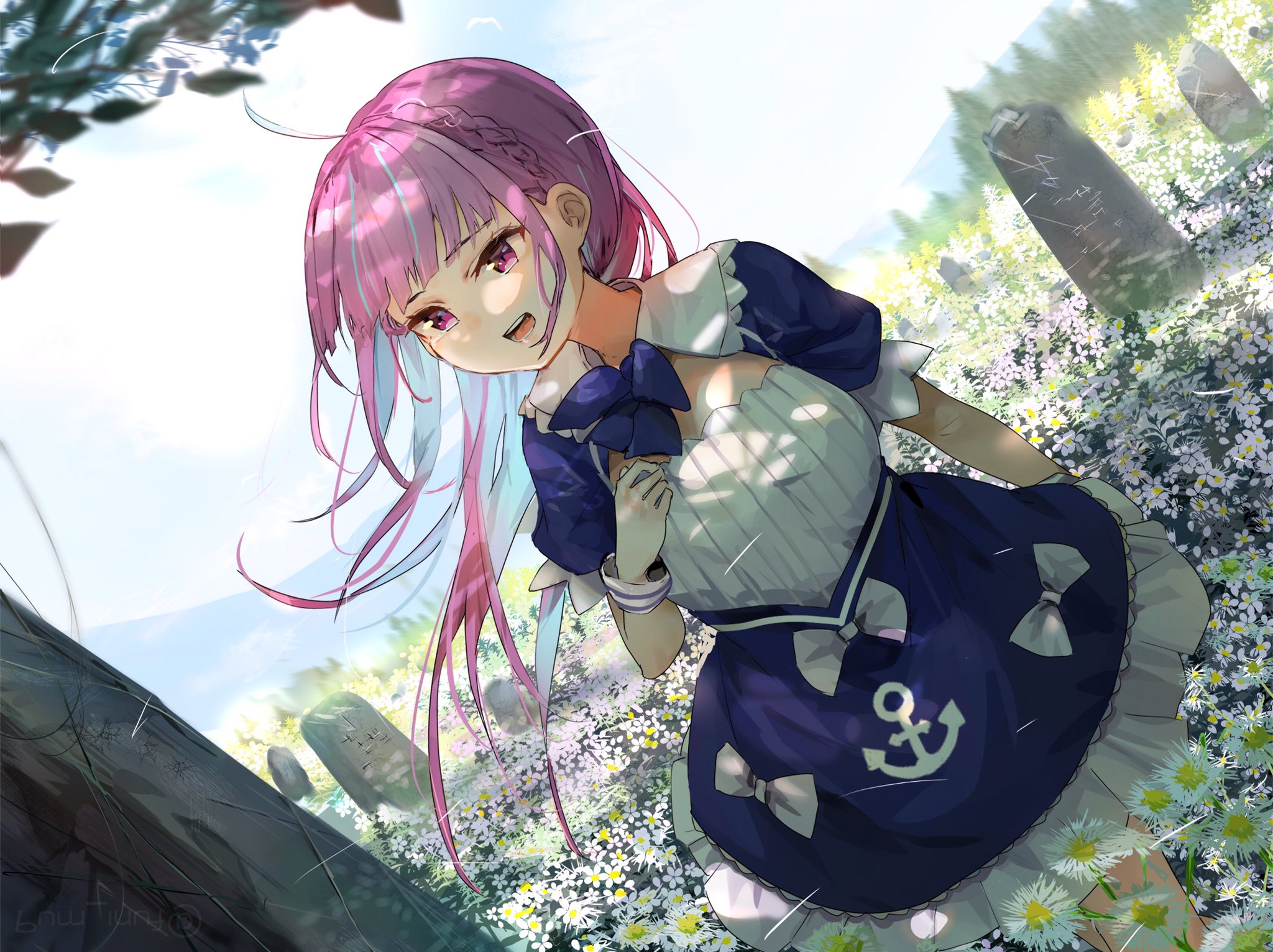 Hololive Minato Aqua Maid Pink Hair Anchors Grave Flowers Tombstones Virtual Youtuber Anime Girls Tw 2048x1532