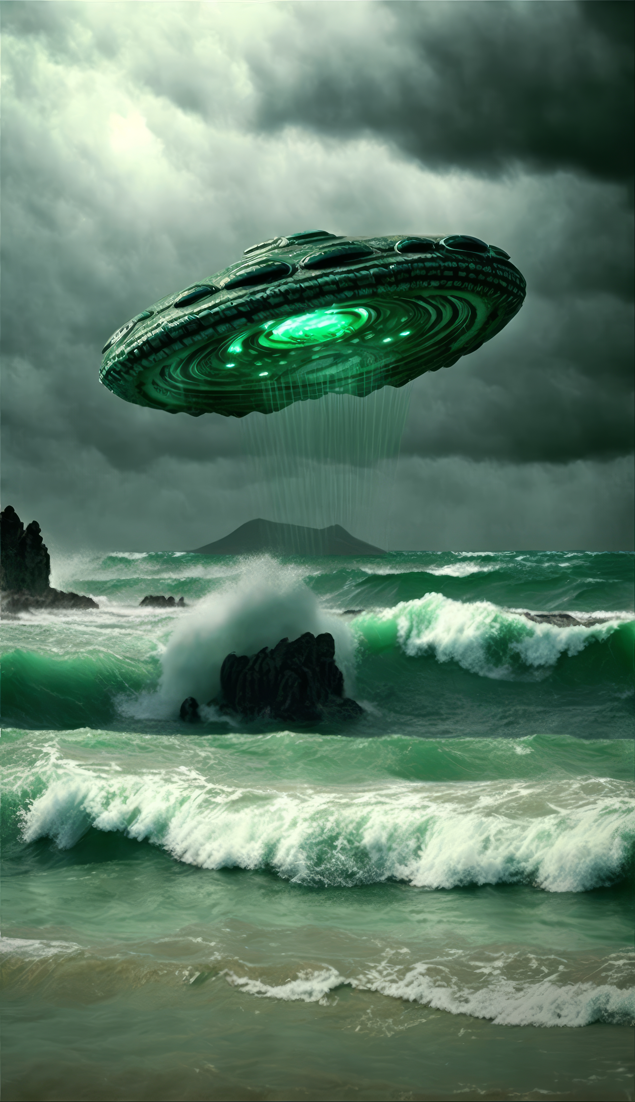Ai Art Clouds Waves Green Vertical Portrait Display Water UFO Spaceship 2630x4559