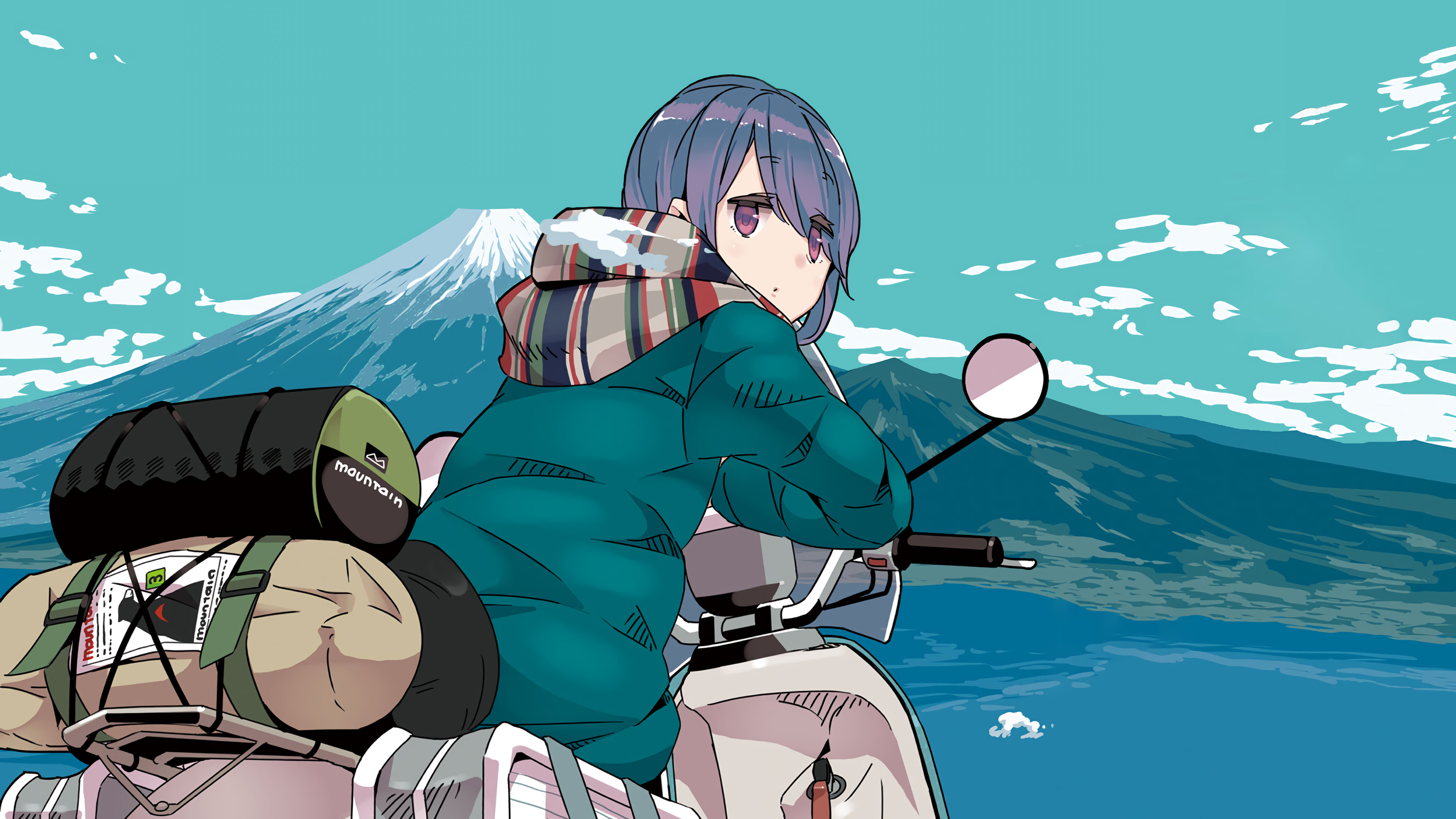 Rin Shima Yuru Camp Scooters Manga Scarf Luggage Tent Clouds Anime Anime Girls 2791x1570