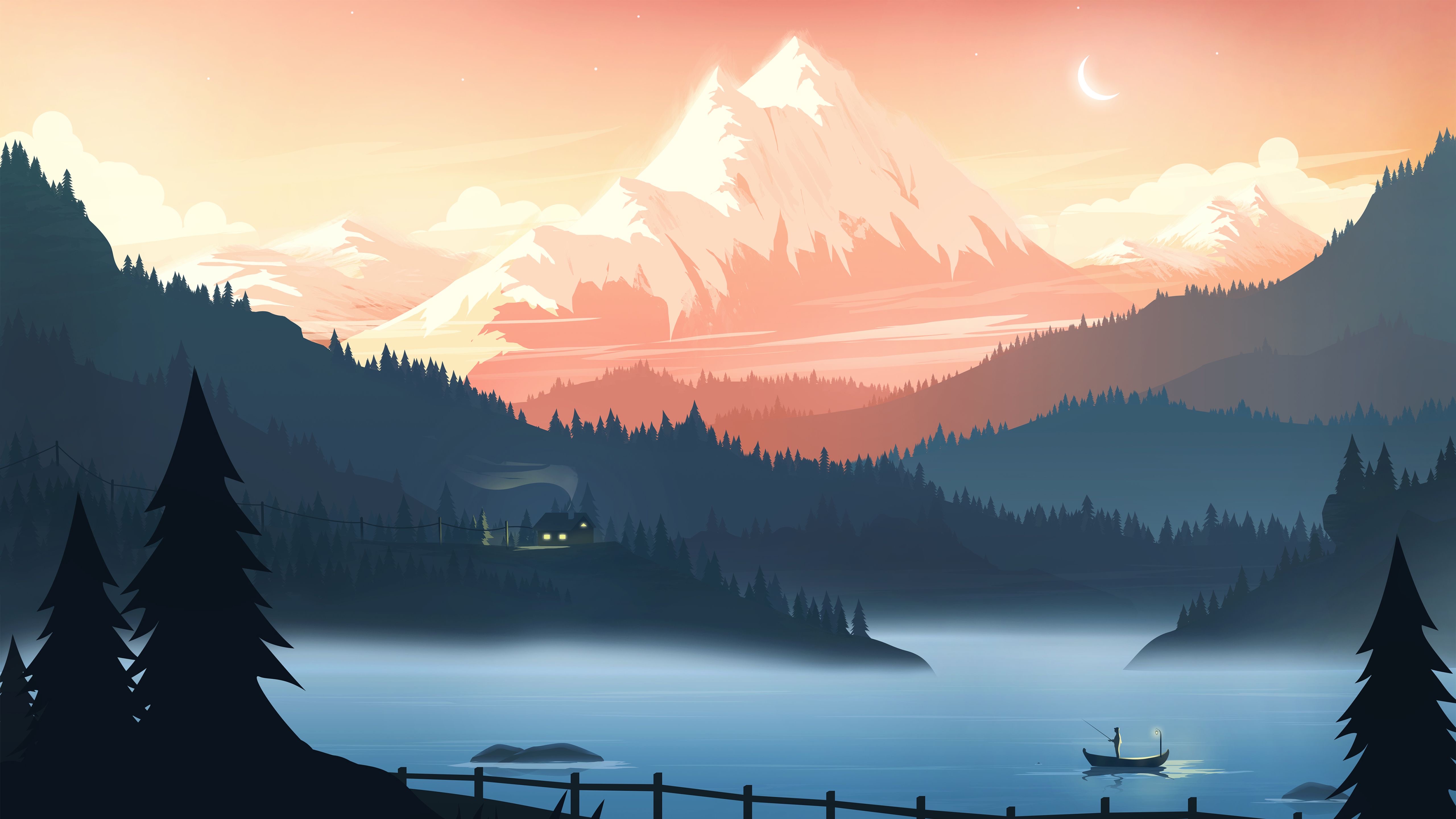 Digital Art River Mountains Landscape Mist Calm Waters Water Nature Lake Forest Artwork 5120x2880