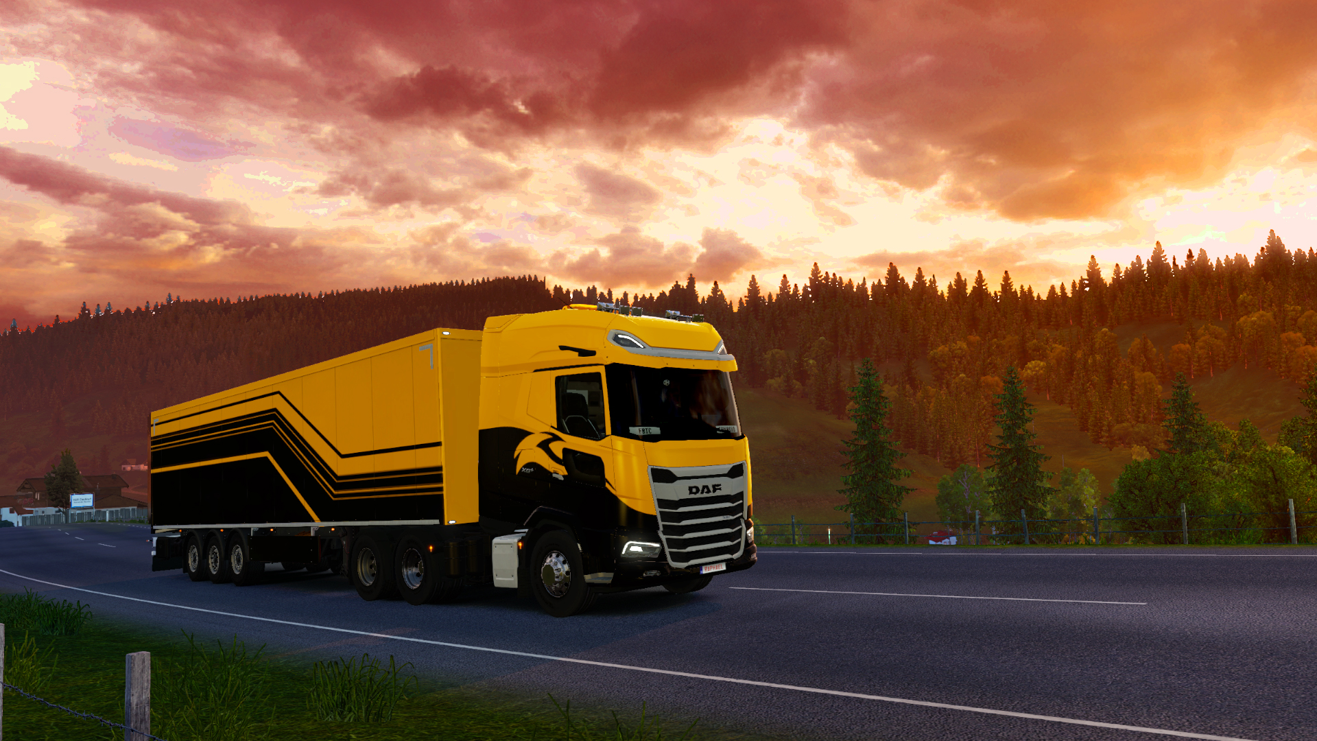 Landscape Euro Truck Simulator 2 Austria Highway DAF Sunset Vehicle Video Games Sunset Glow Trees Ro 1920x1080