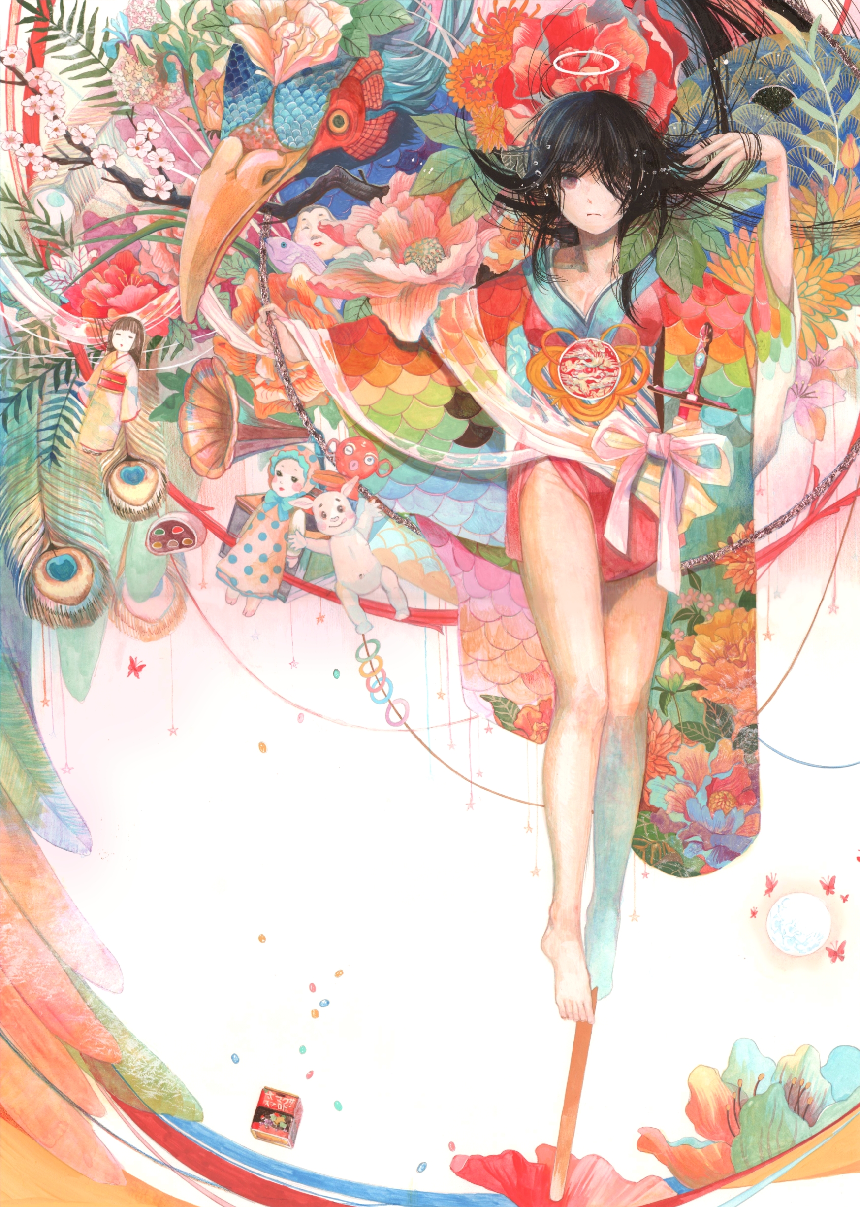 Anime Anime Girls Portrait Display Long Hair Hair Over One Eye Kimono Feet Looking At Viewer 1747x2450