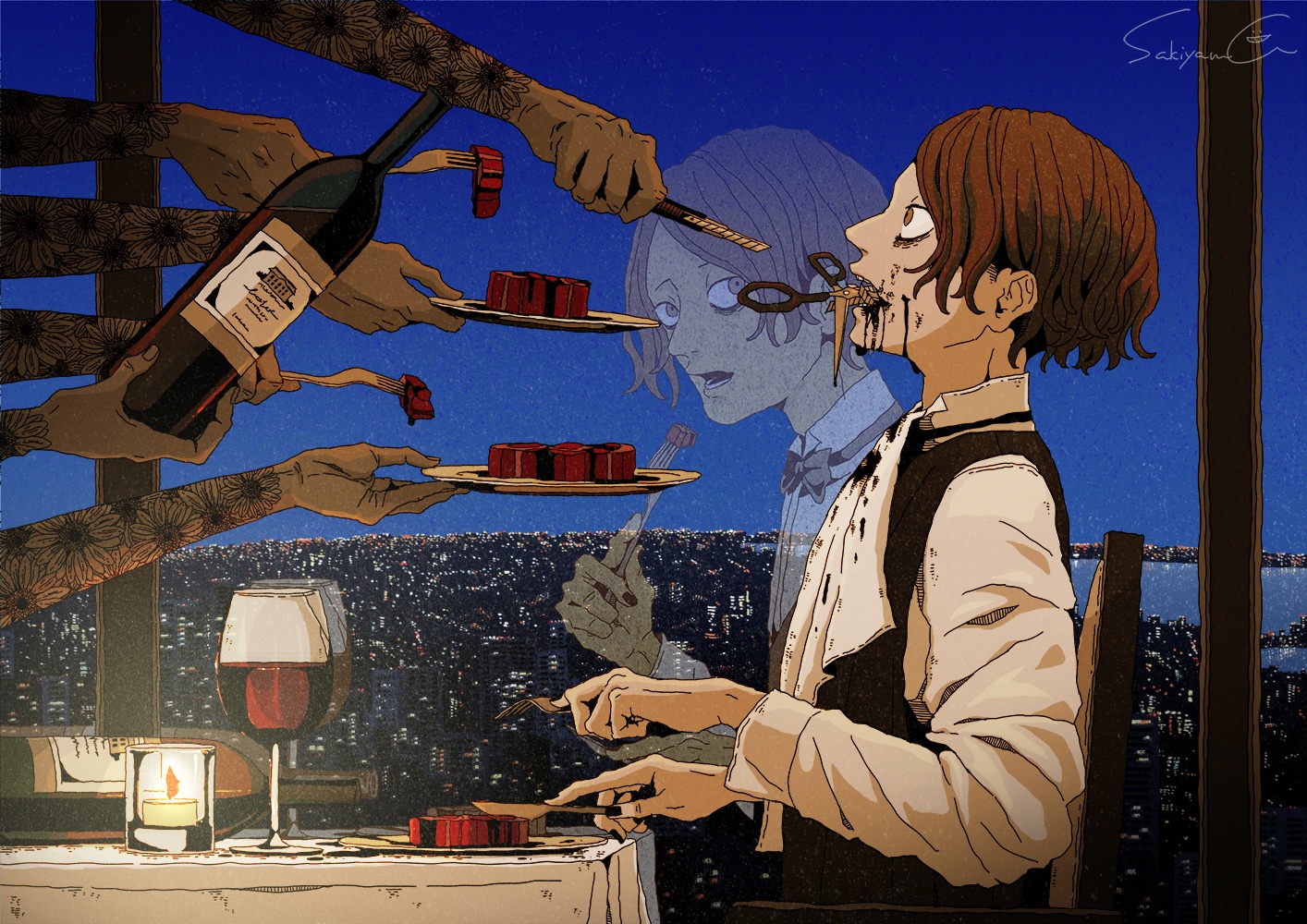 Anime Boys Eating Wine Sakiyama Signature City City Lights Night Drink Scissors Reflection Fork Knif 1414x1000