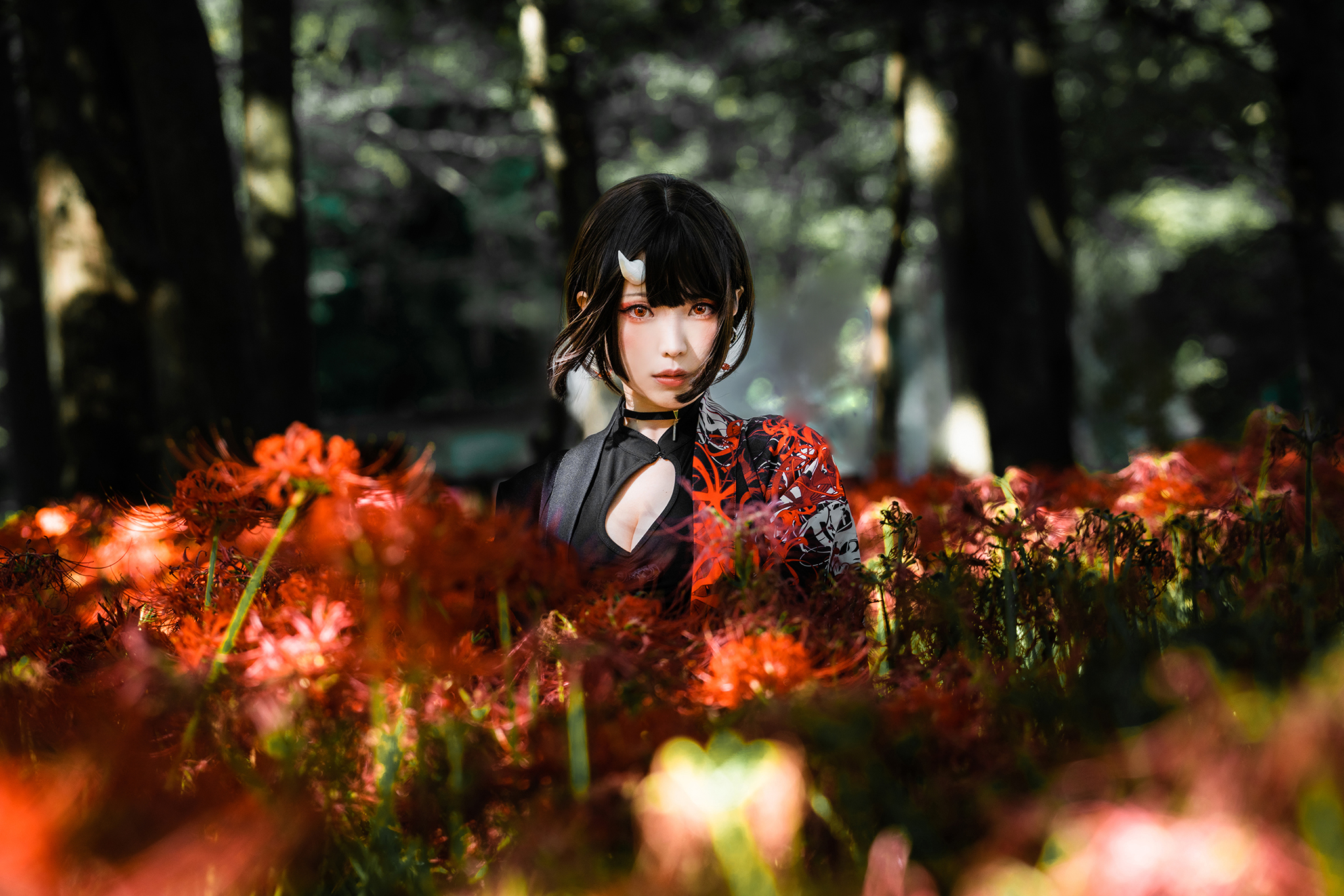 Ely Asian Higanbana Spider Lilies Flowers Horns Red Eyes Kimono Forest Collar Looking At Viewer Cent 2048x1366