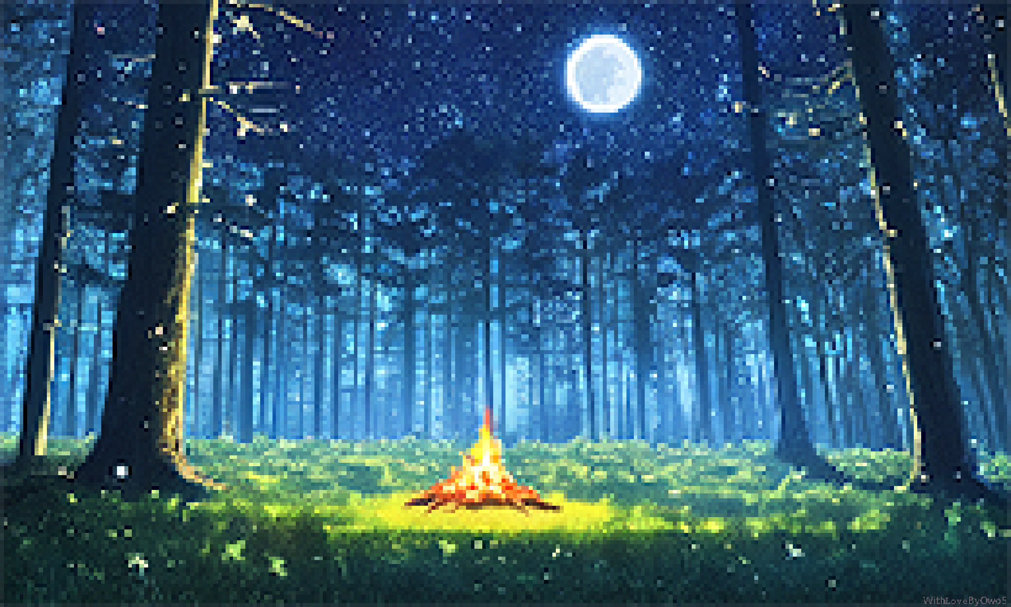 Forest Night Moon Novel Ai Trees Pixel Art Fire Watermarked Digital Art 2048x1229