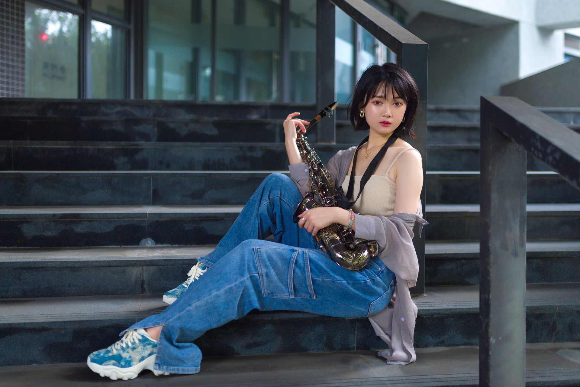 Asian Model Women Dark Hair Short Hair Sitting Stairs Saxophones Jeans 1920x1280