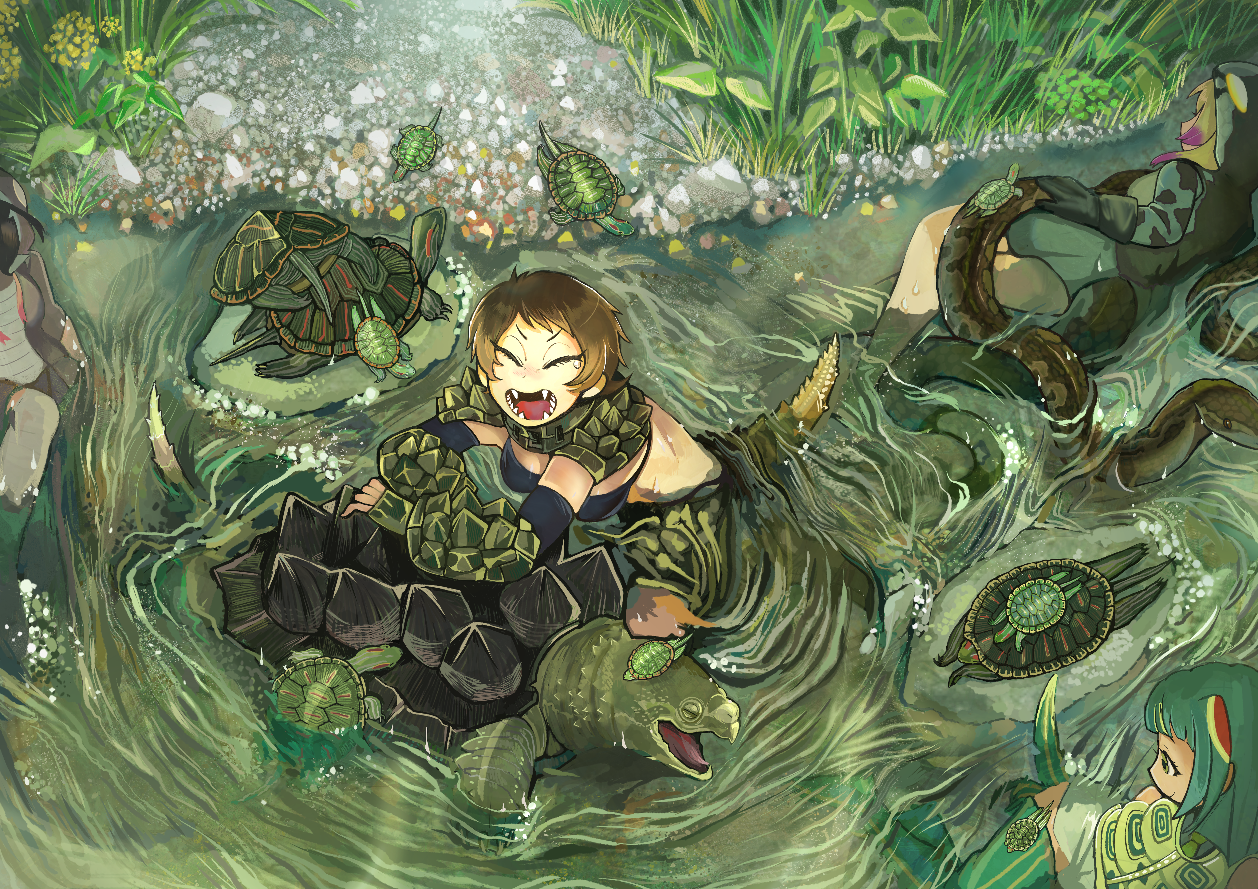 Kemono Friends River Turtle Anime Anime Girls Plants Grass Water Snake Fangs Open Mouth Monster Girl 4093x2894