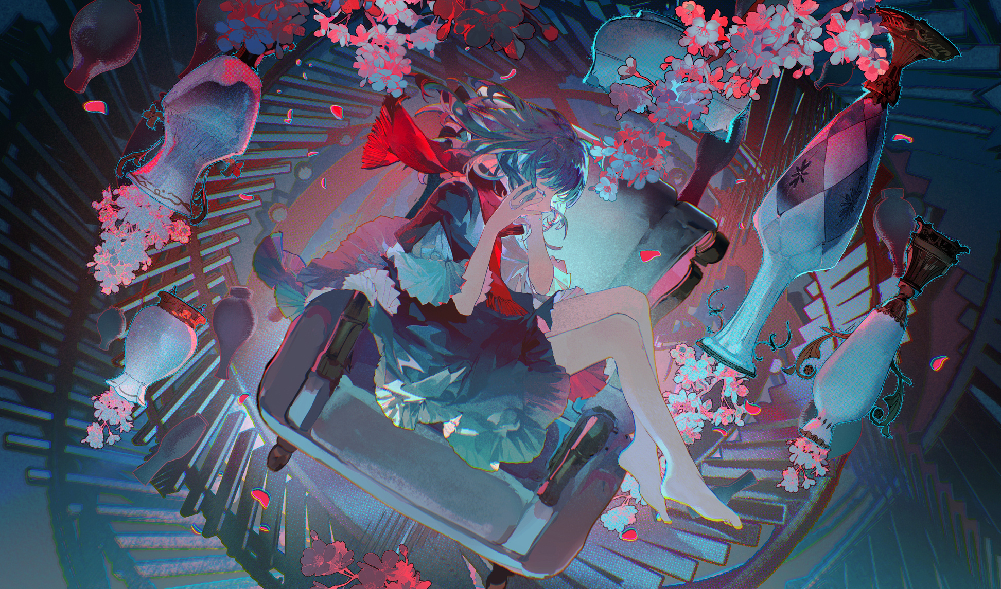 Anime Anime Girls Flowers Red Scarfs Closed Eyes Stairs Pink Flowers Vases Barefoot Petals 1945x1146