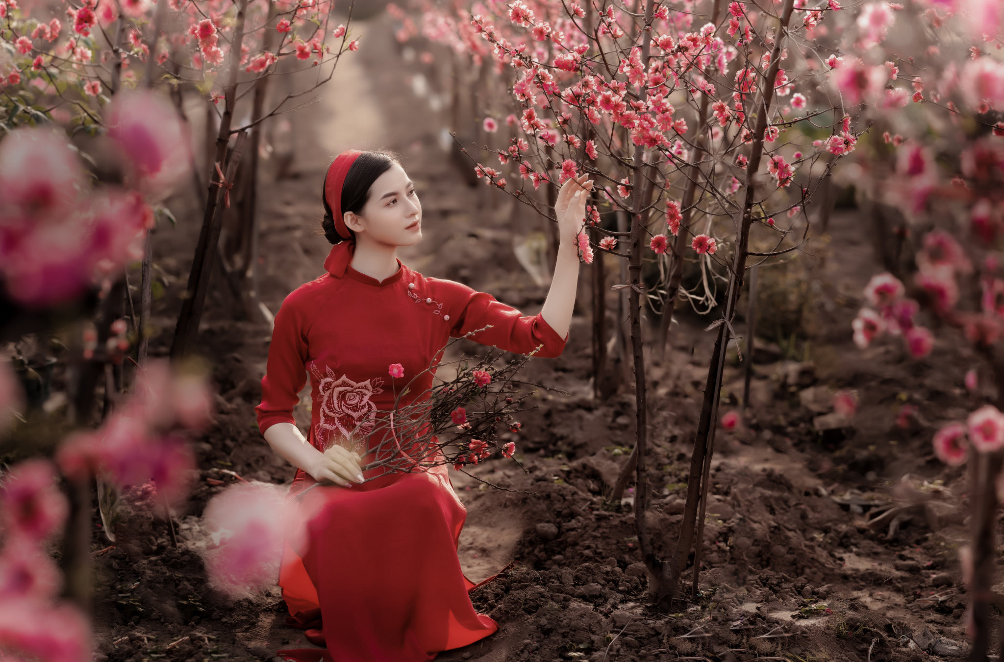 Zhou Qian Women Asian Brunette Hairband Red Dress Flowers Field 2048x1352