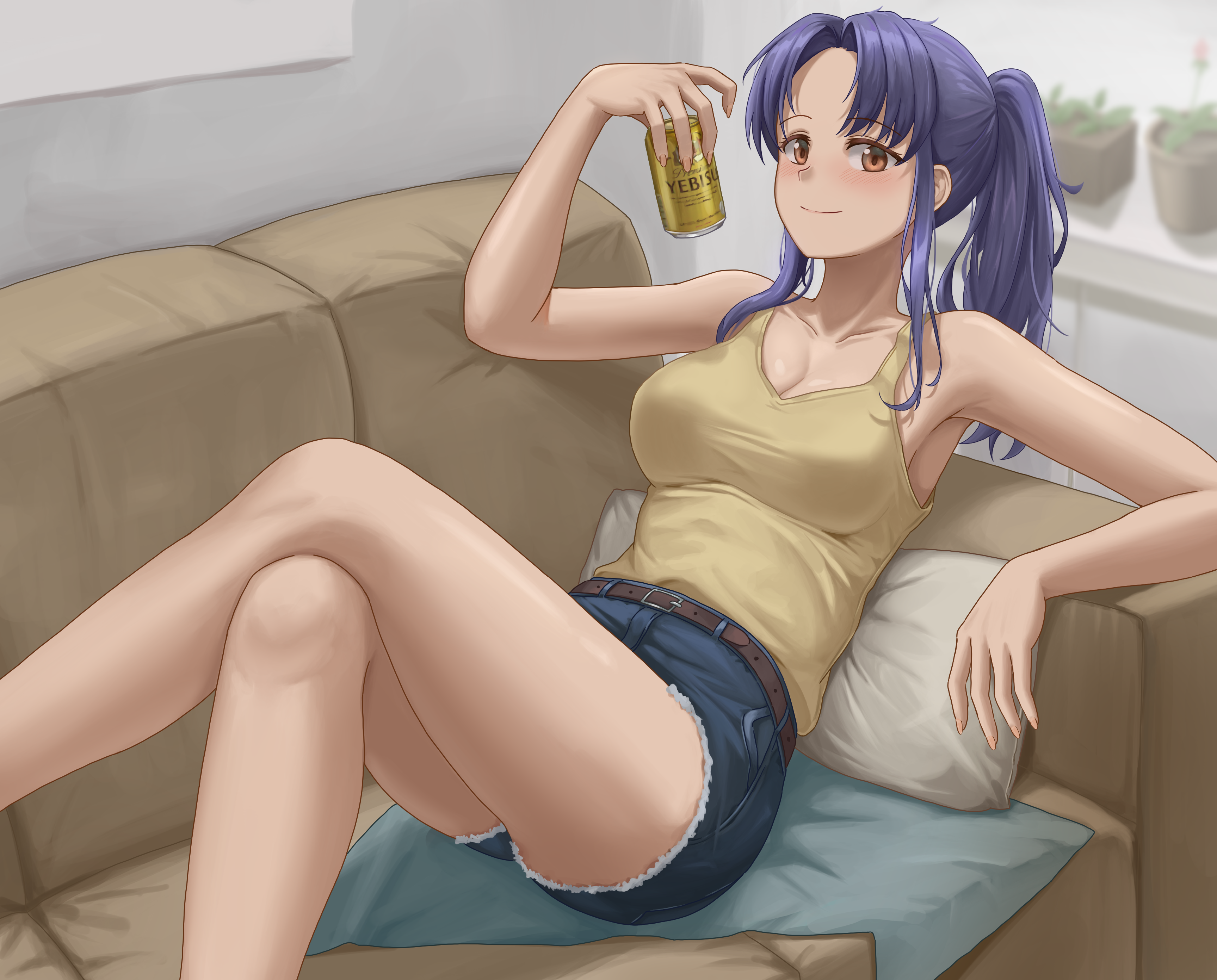 Anime Anime Girls Digital Digital Art Artwork 2D Looking At Viewer Shorts Couch Purple Hair Neon Gen 3454x2782