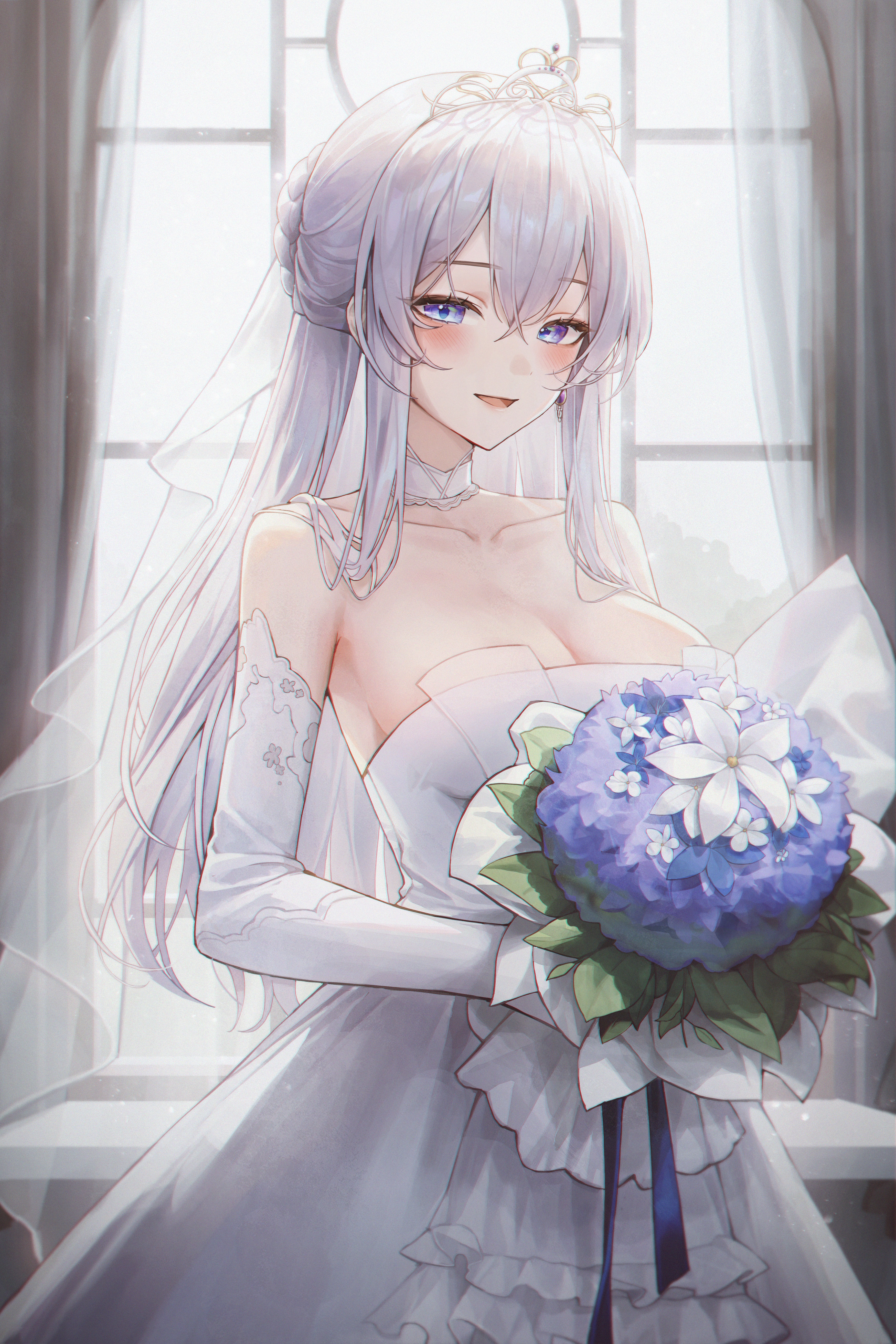 Anime Anime Girls Flowers Wedding Dress Elbow Gloves Blue Eyes Blushing Tiaras 3500x5250