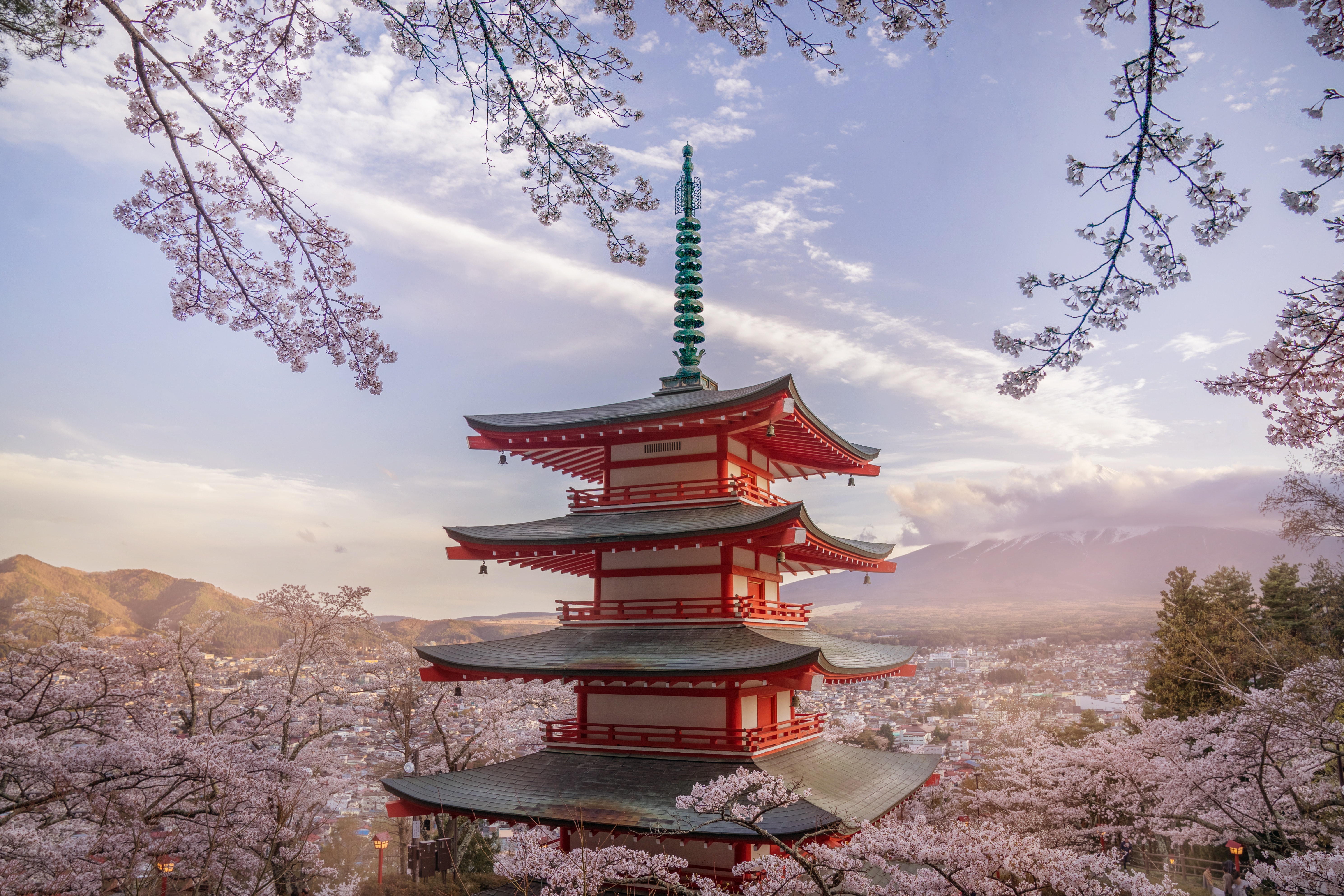 Japan Asia Photography Landscape Cherry Blossom Flowers Nature Mountains Clouds Mount Fuji Pagoda Ar 5958x3972