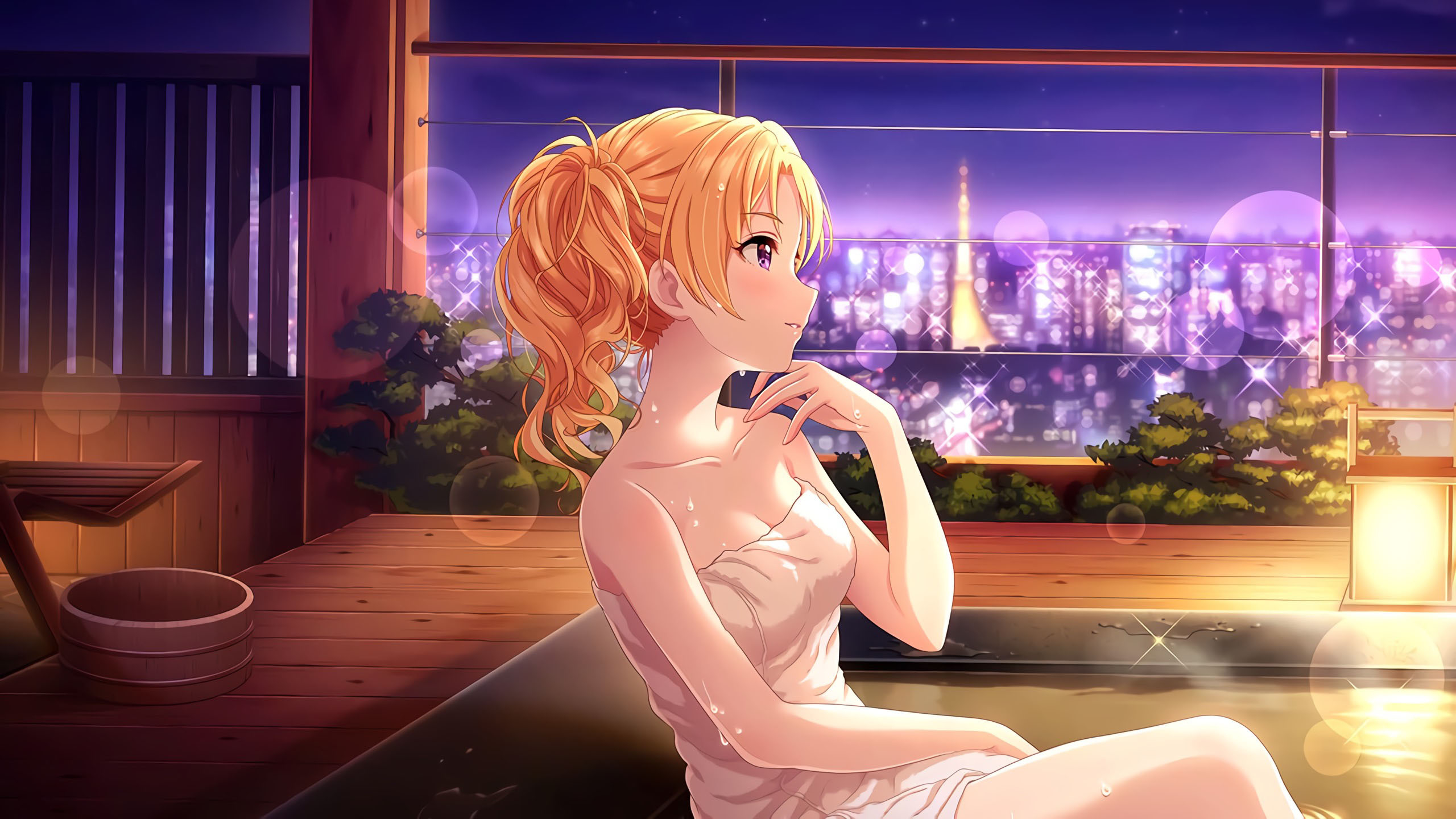 Anime Girls Blonde THE IDOLM STER Towel Wet Stars City City Lights 2560x1440