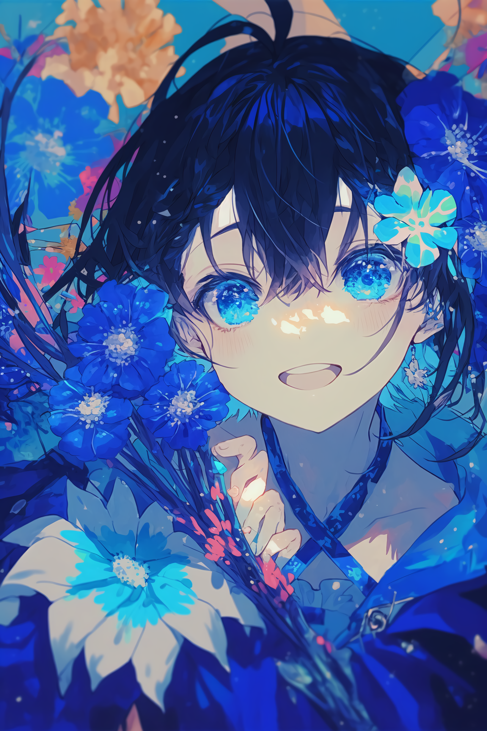 Anime Girls Blue Eyes Flowers Ai Art Smiling Dark Blue Hair Flower In Hair  Vertical Wallpaper - Resolution:1638x2457 - ID:1364042 