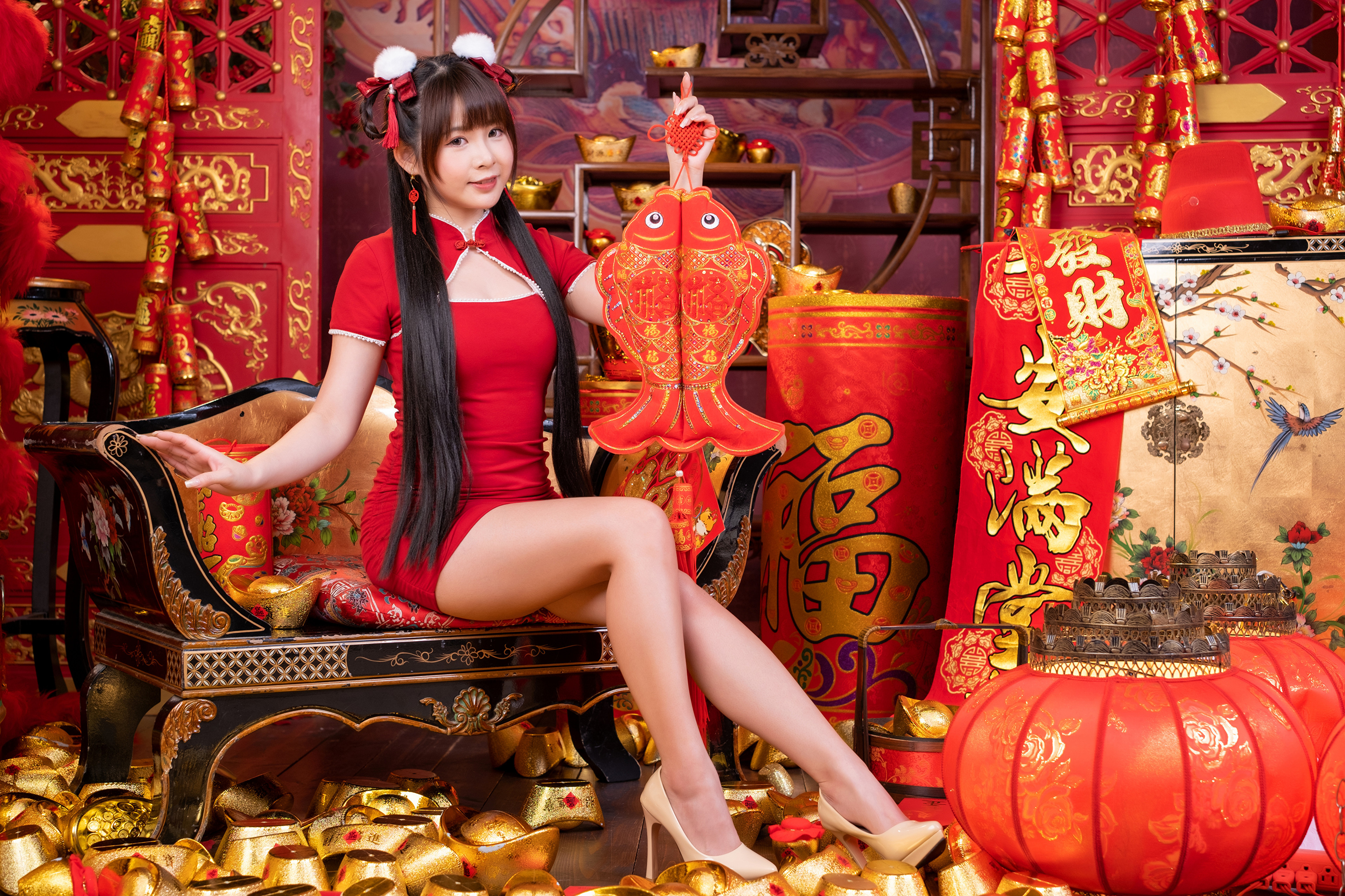 Asian Model Women Long Hair Dark Hair Sitting Lampions Twintails 3840x2559