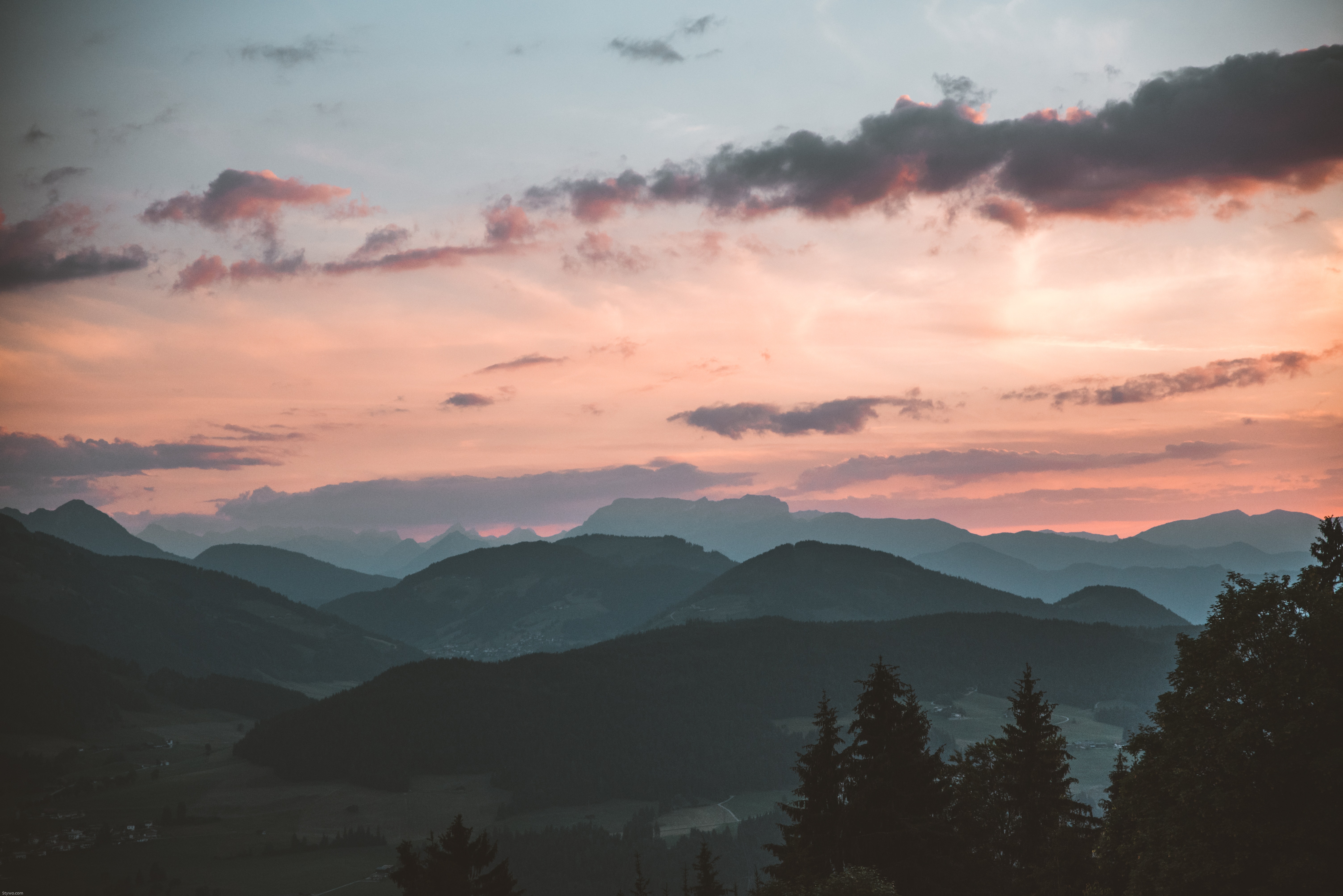 Mountain Chain Trees Sunset Glow Sky Sunset Clouds Mountains Nature Landscape 6016x4016