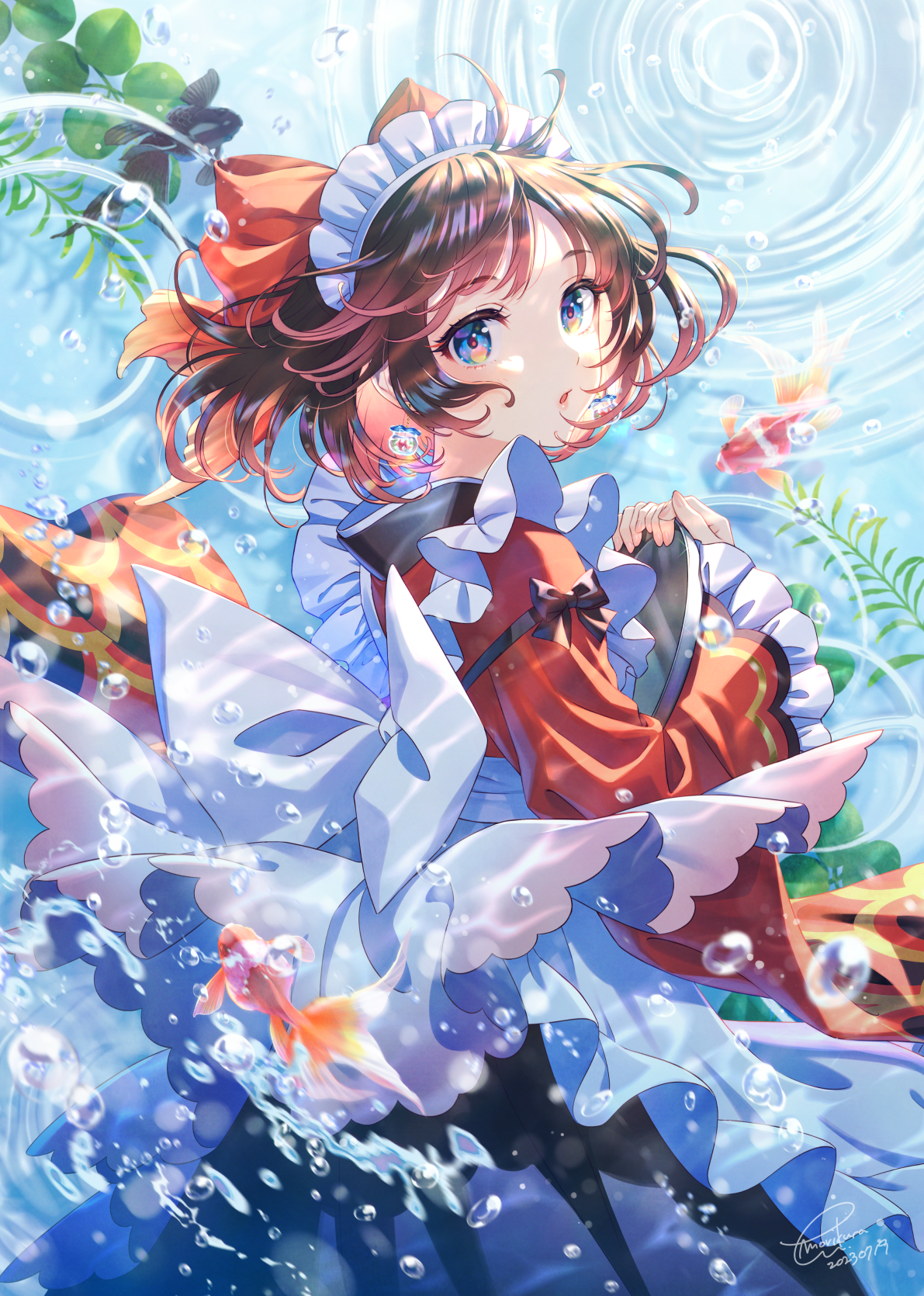 Anime Anime Girls Portrait Display Short Hair Maid Maid Outfit Fish Animals Bubbles Water Underwater 1191x1670