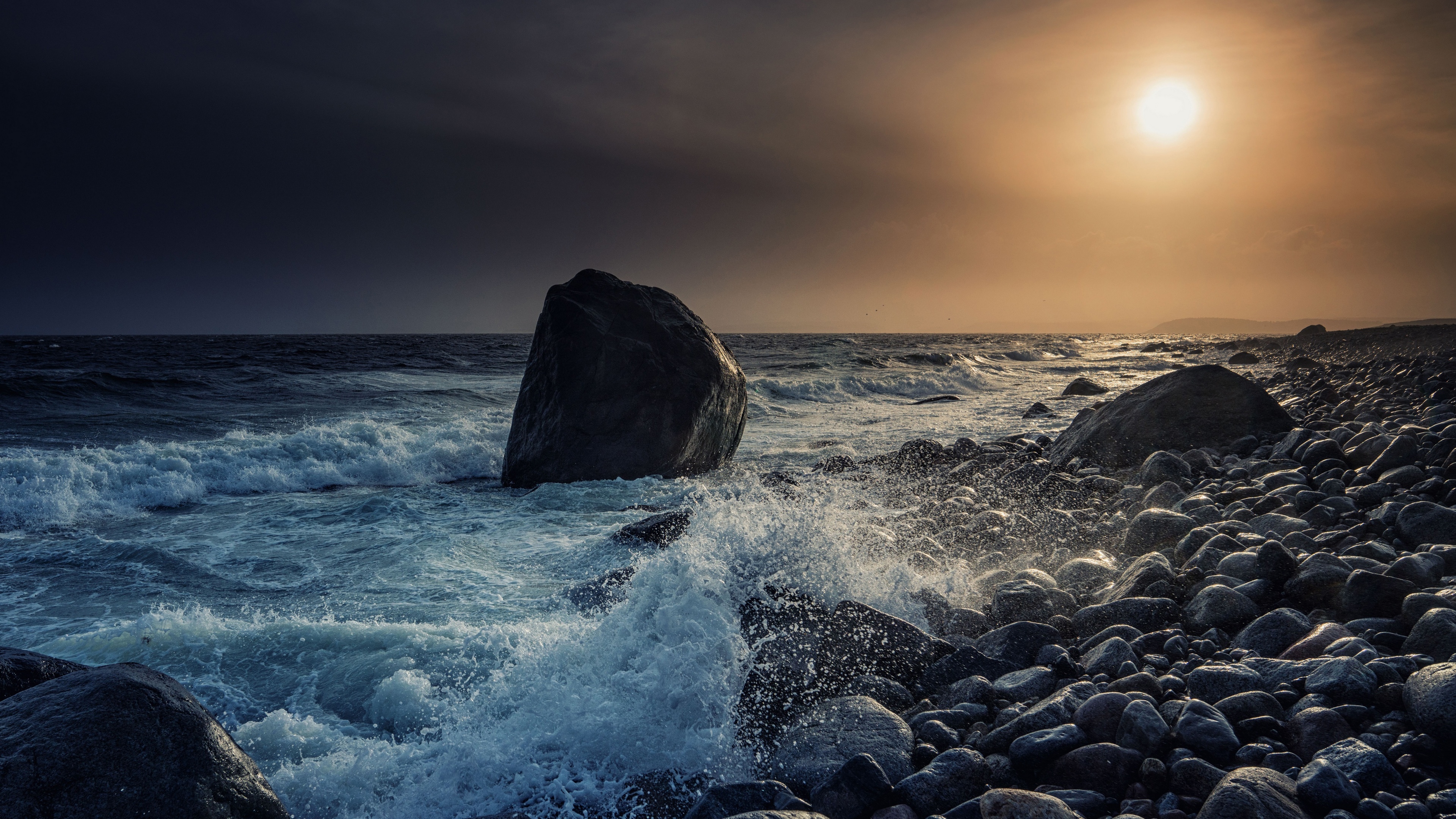 Norway Nature Sea Coast Waves Storm Stones Rock Sky Clouds Sunset Water 3840x2160