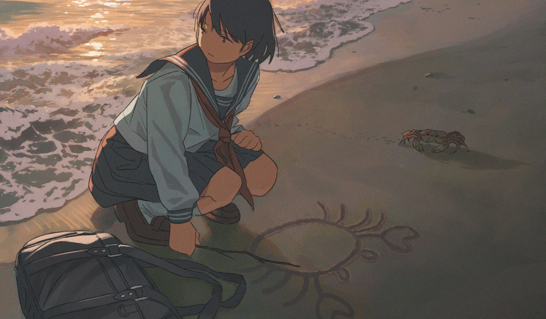 Anime Girls Schoolgirl Beach Crabs Sand School Uniform Water 1846x1080